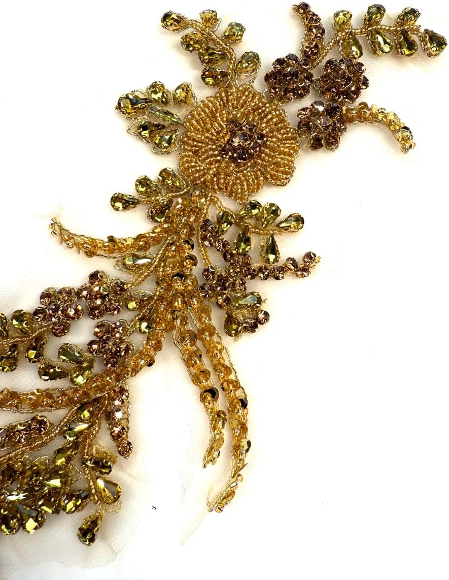 2PCS Rhinestones Beaded Shiny Applique patchs,Flowers 3D Beading Applique for Clothing,Wedding Dress,Prom Dress and Other DIY Project Decoration 13.3 * 5.5 in (Gold)