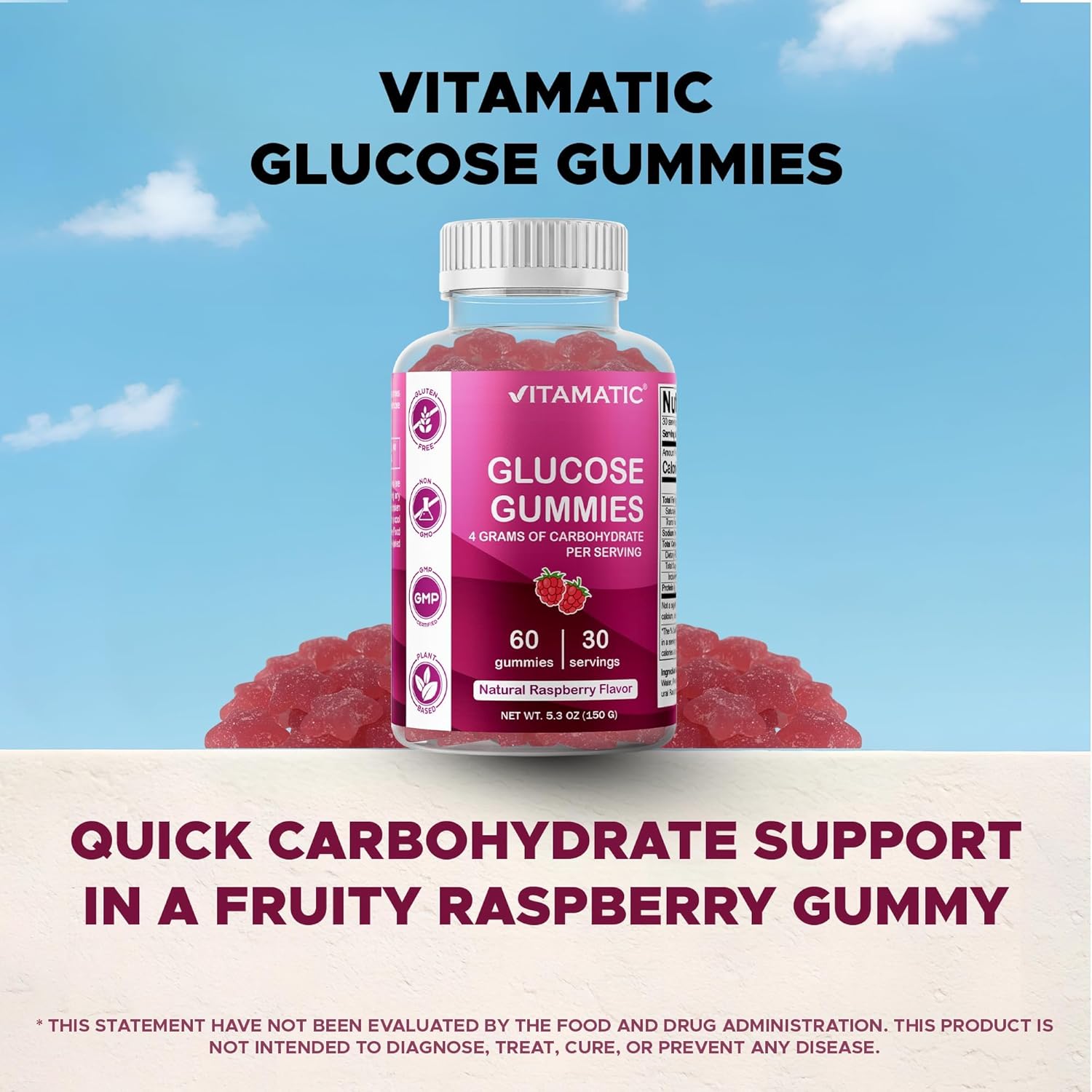 Vitamatic Glucose chewable Gummies - 60 Count - Natural Raspberry Flavor - 4G of Carbohydrate per Serving (3 Bottles)