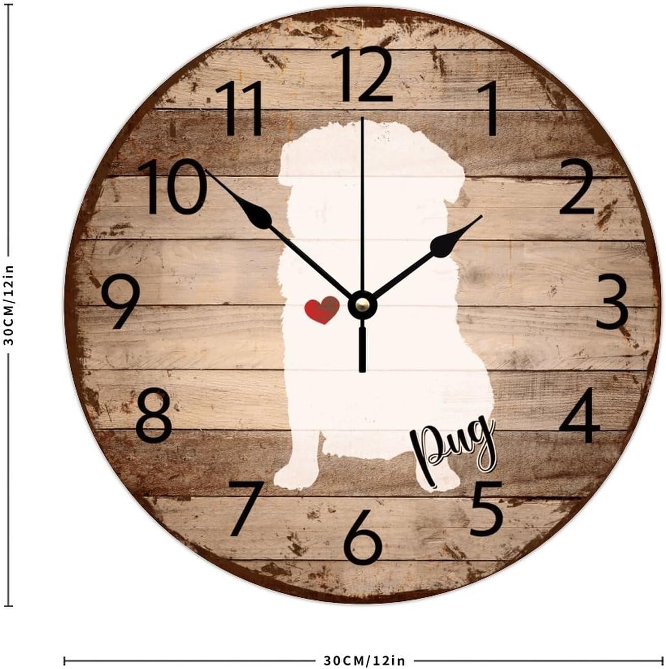 Minimalist Wood Clock Non-Ticking Sweep Movement Pug Personalized Wall Clocks Pet Beagle Silhouette Wall Decor for Girls Room Bathroom Above Fireplace 12 Inch