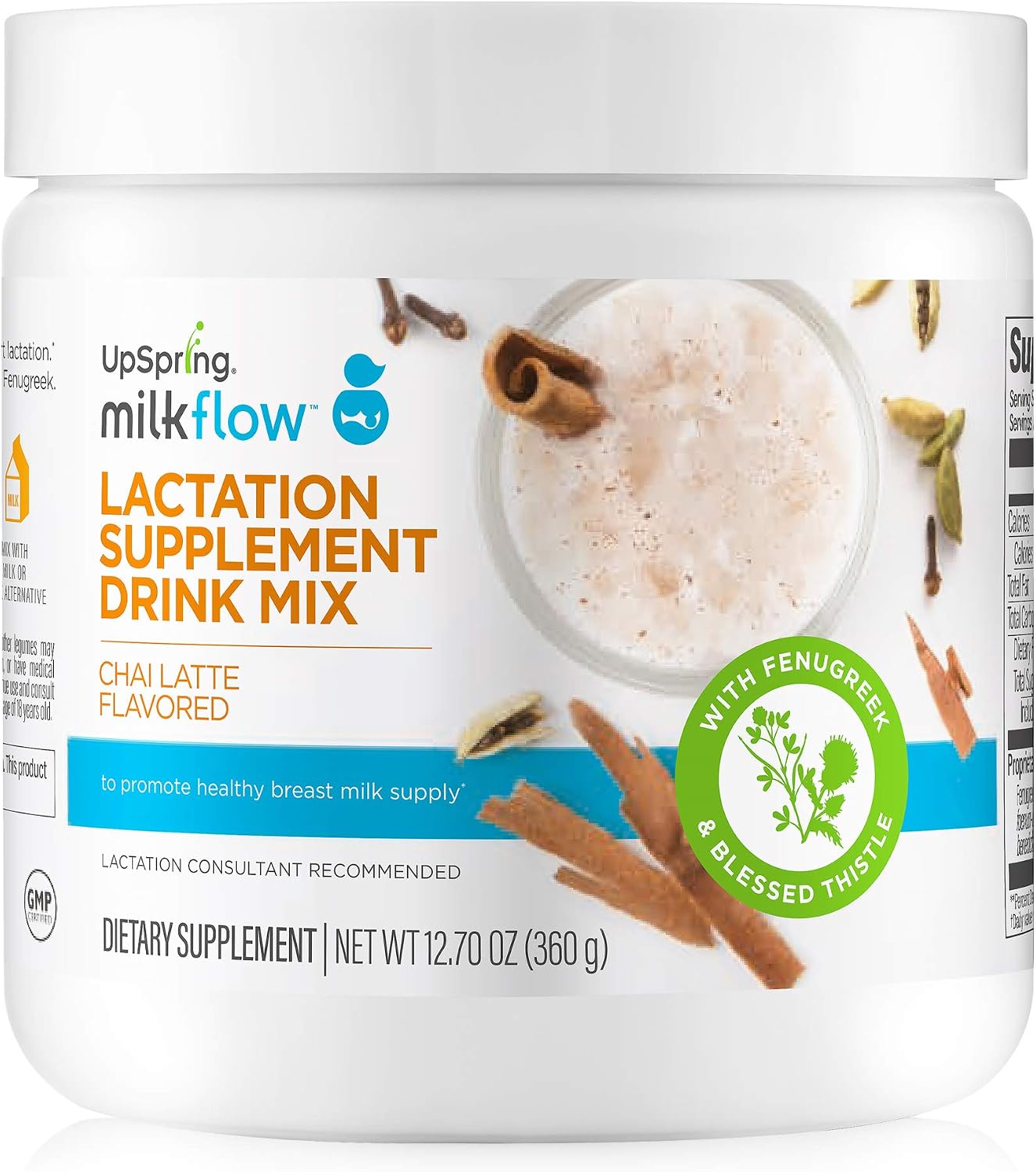 Upspring Milkflow Breastfeeding Supplement Drink Mix with Fenugreek & Blessed Thistle | Chai Latte Flavor | Lactation Supplement to Promote Healthy Breast Milk Supply | 24 Drink Servings