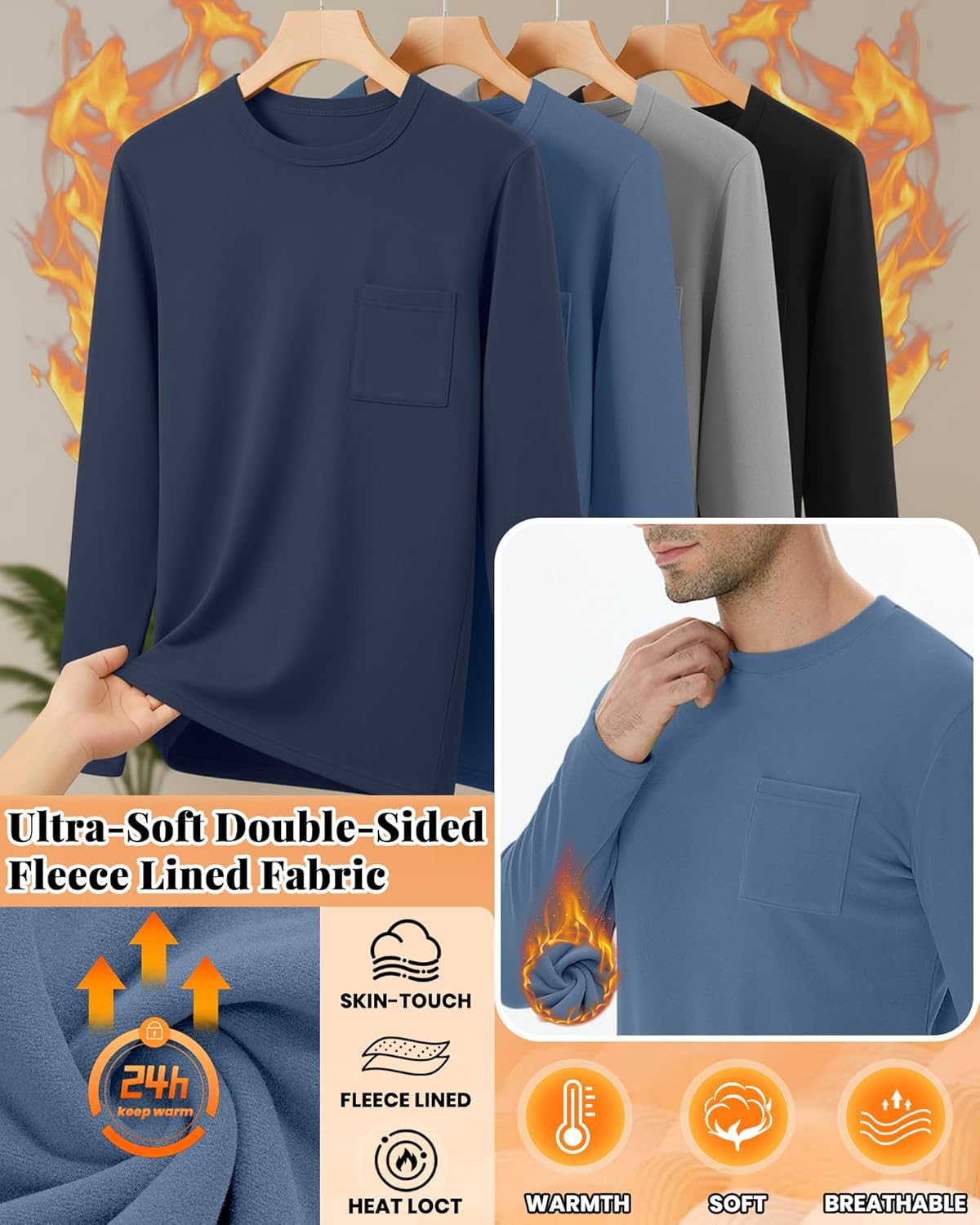 4 Pack Men's Big and Tall Thermal Shirts Fleece Lined Long Sleeve Underwear Top Crew Neck Undershirts Base Layer - Image 4