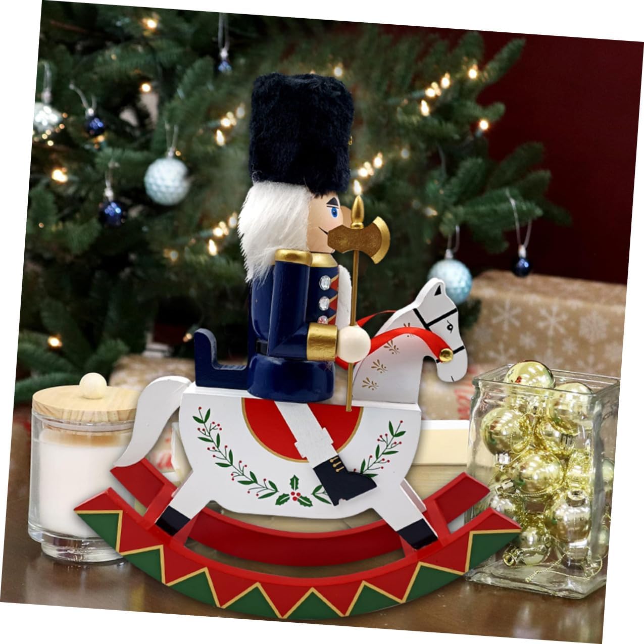 Christmas Nutcracker Figurine Tabletop Ornament Large Wooden Rocking Steed Warrior Xmas Holiday Decor Blue