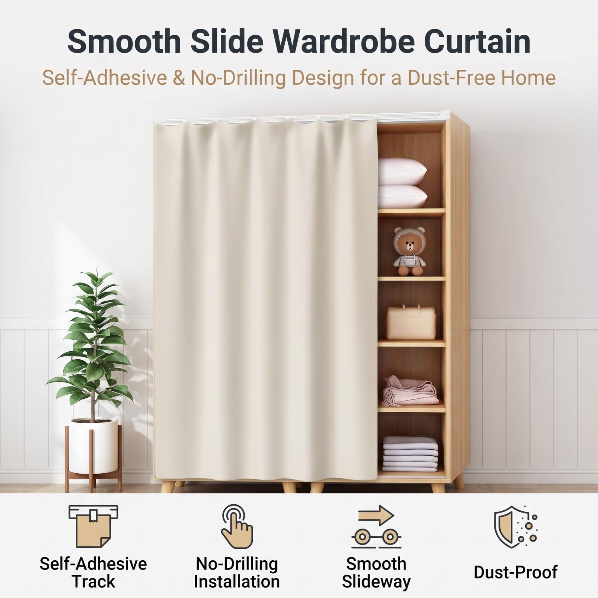 Rideau Placard sans Perçage, Auto-adhésif/Anti-Poussière Rideau Cuisine&sous Evier, Peluche Courte Rideau Occultant Court, Rails Coulissants Cuisine/Salle Bain/Dressing(Gray-a,200 x 150 cm)