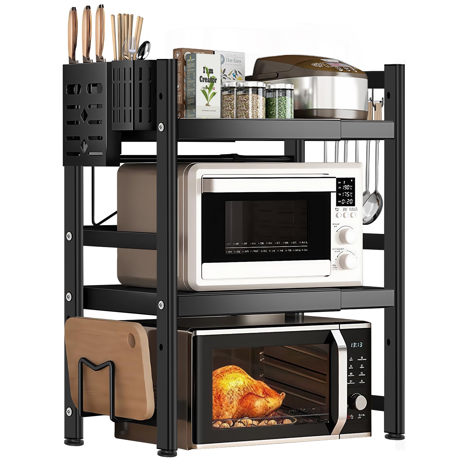 LUKVCIY Adjustable 3-Tier Microwave Shelf Stand Extendable for Kitchen Countertop and Over Microwave Oven Storage, Black