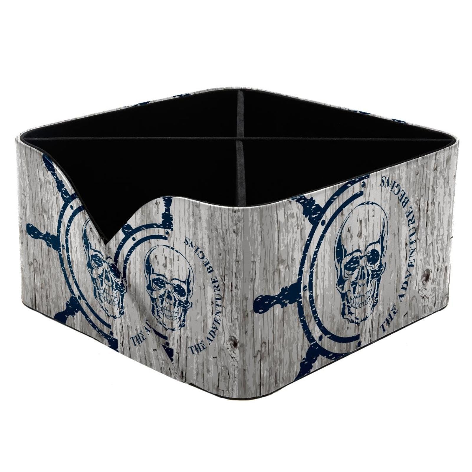 KengjuTesu Nautical Marine Pirate Skull Anchor Wooden Pattern Desktop Organizer Pen Holder, Rectangular Pencil Cup for Office, Study and Makeup Stations