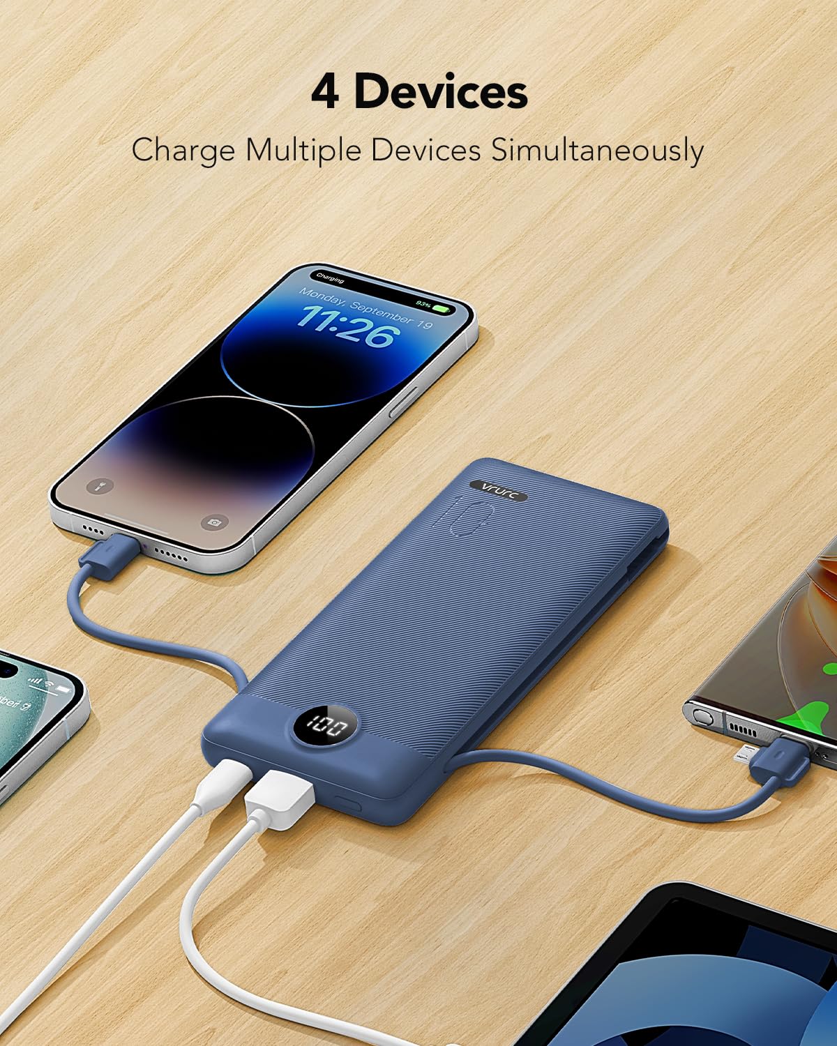 VRURC Portable Charger Built-in Cables and AC Wall Plug, USB C Power Bank 10000mAh, Travel Battery Portable Phone Charger Compact Lightweight External Battery Pack for Smart Phones, Tablets etc-Navy view 4