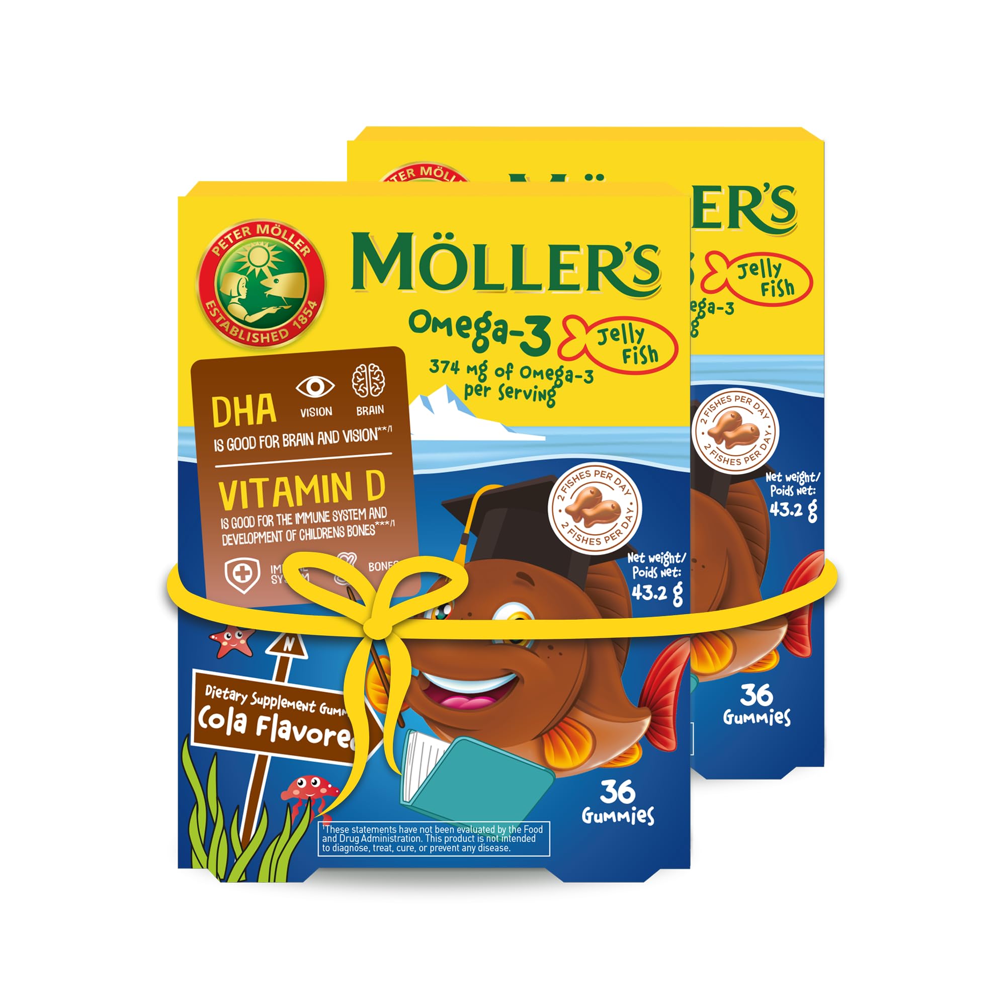 Möller's Omega 3 Kapseln für Kinder | Natürliche Omega 3 Fischtran mit Cola | Mit DHA und EPA | Leicht zu kauen | Ohne Gluten, Laktose und Zucker | 36 Stück x 2