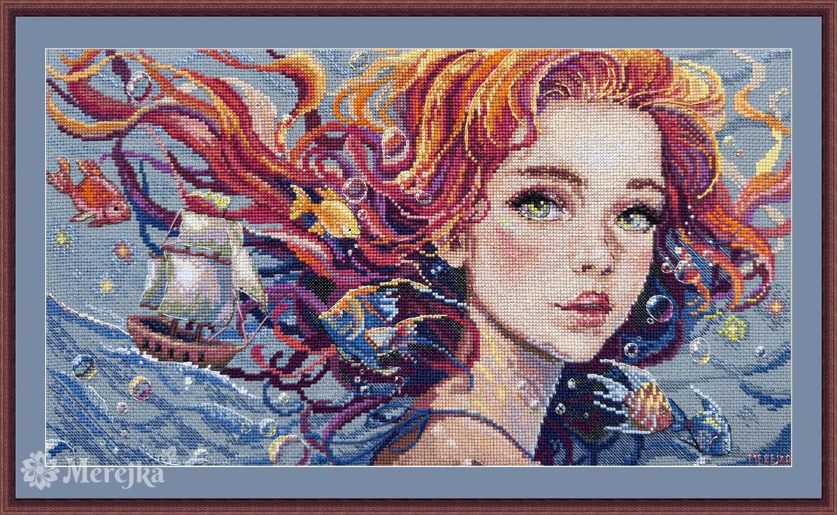 Merejka Kit per punto croce numerato, K-275, acqua, 36,5 x 20 cm, dimensioni finite, kit completo da ricamo con tela Aida Zweigart, fili DMC, ago John James e motivo digitale Fantastitch