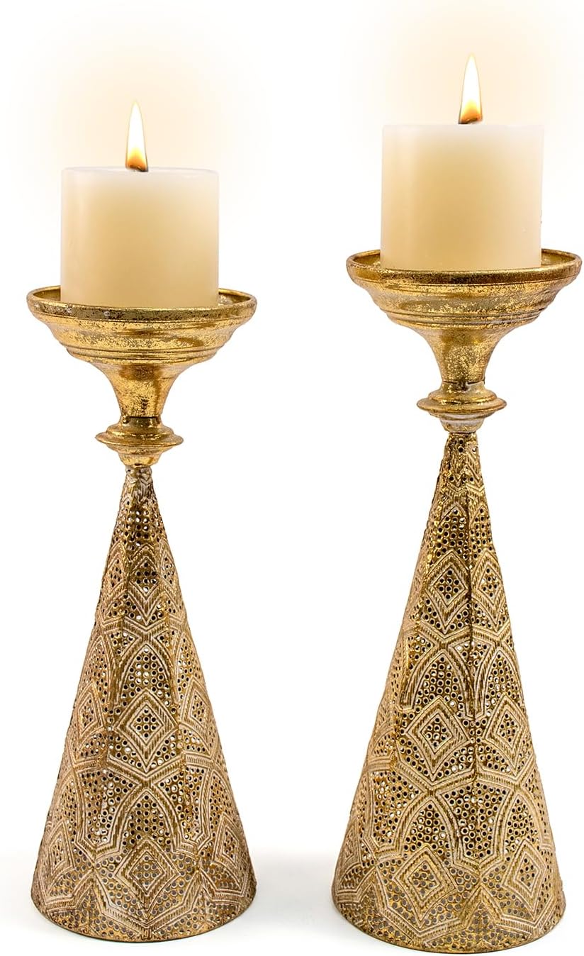 Farmhouse Gold Candle Holders for Pillar Candles, Metal Distressed Set of 2 Retro Flower Design Pillar Candle Stand Dual Use, Can be Vase Table Centerpiece Decor for Fireplace, Living, and Dining Room