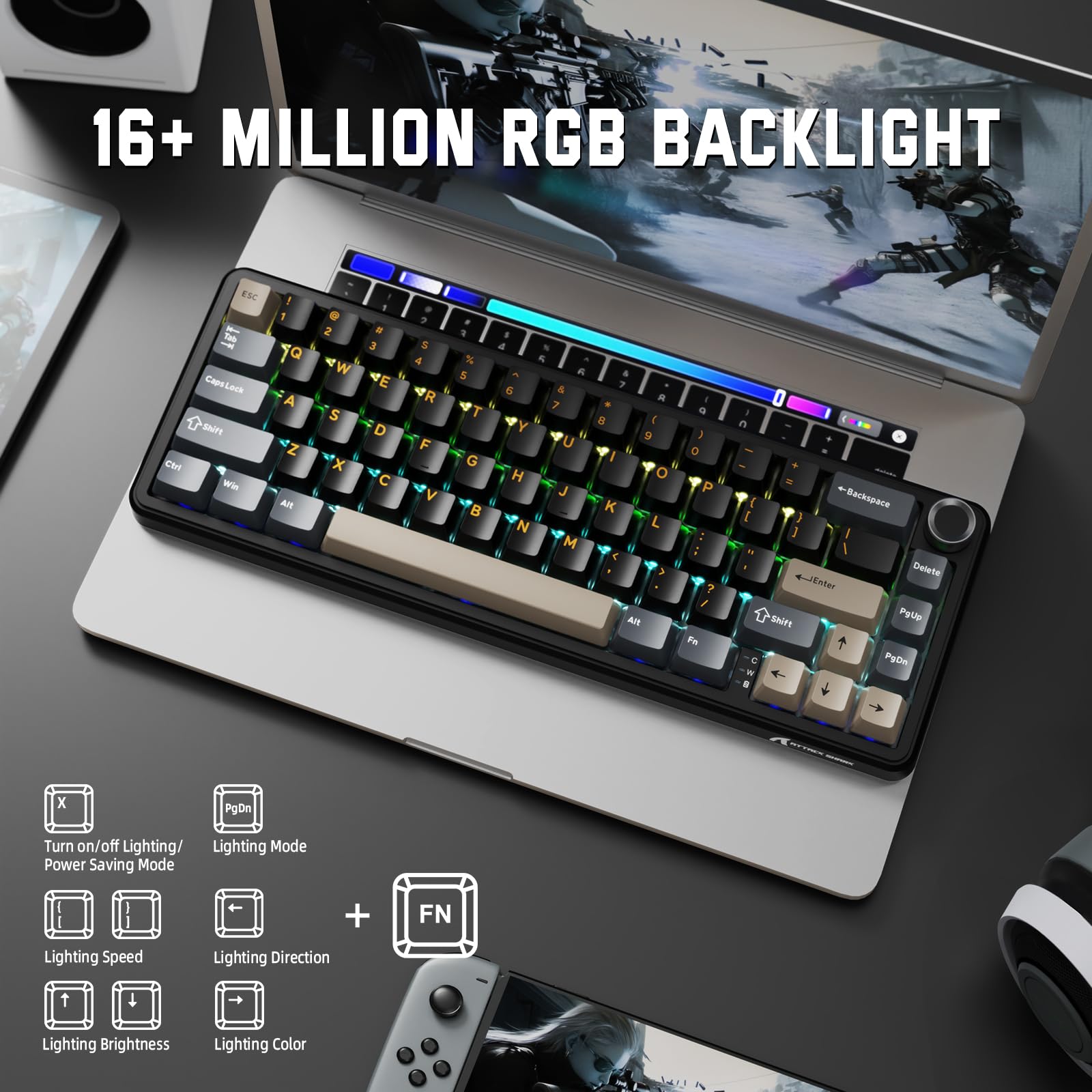 MAMBASNAKE X Attack Shark X66 Teclado Mecánico Inalámbrico Al 65% con Perilla, Teclado para Juegos RGB con Intercambiables En Caliente 60%, BT/2,4 G/USB-C, Interruptor Lineal, Tecla PBT-Starry Black