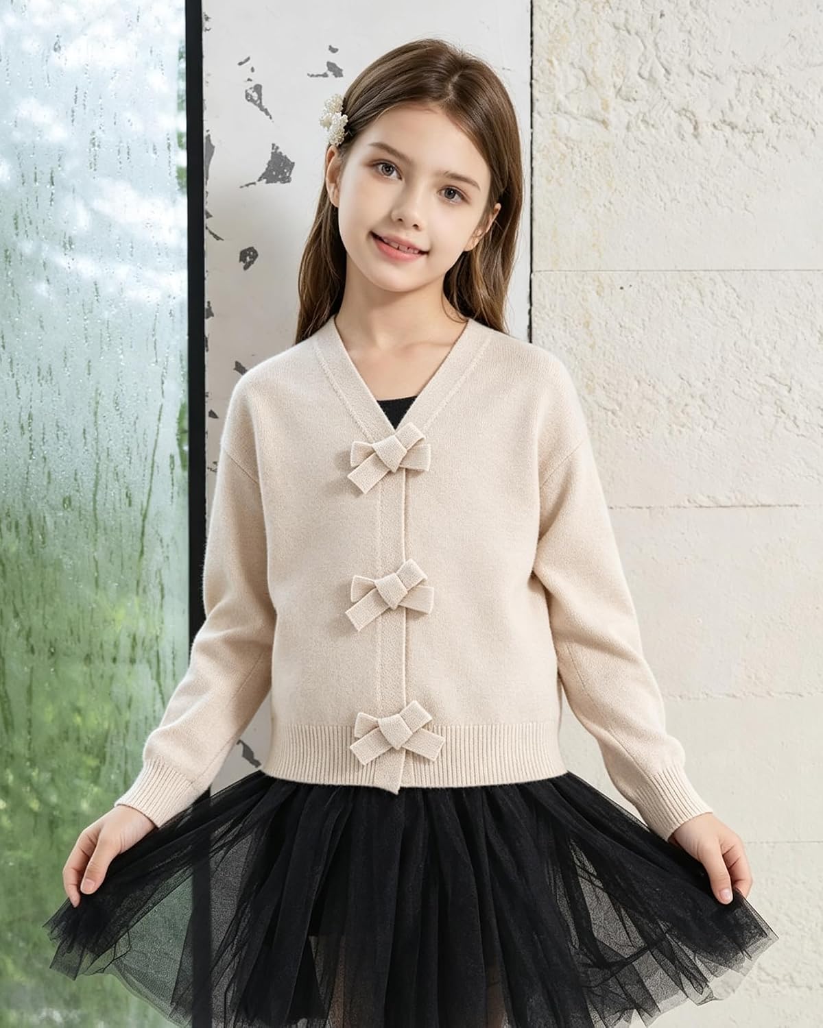 Girls Cardigan Sweater School Uniform Knit Bowknot Sweater Tops image 4