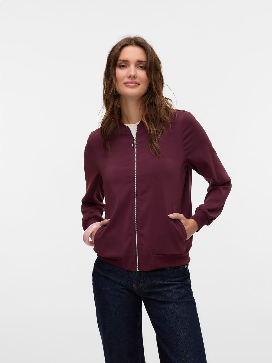 VERO MODA Women's Tailoring Blouson Jacket, Fly Away Collar, Zip, Versatile Lightweight Jacket | Coat L Winetasting