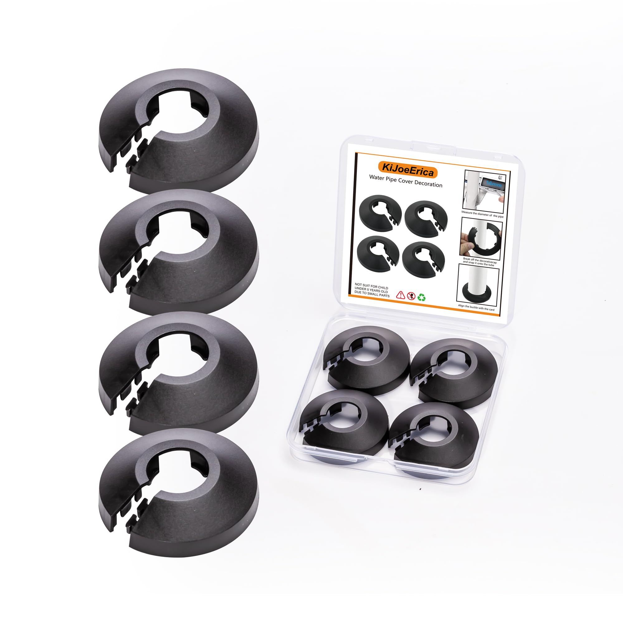 4 cubiertas de tubería para tubería de agua de 1/2 pulgada de diámetro exterior de 16 mm (5/8 pulgadas) para decoración de tubos de pared (4, negro)