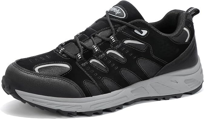 Kricely Mens Low Top Hiking Shoes Waterproof Suede Lightweight Anti Slip Trekking Shoes Water Resistant Trails Running Sneakers for Outdoor Trailing Camping Backpacking Walking Black Size 7.5