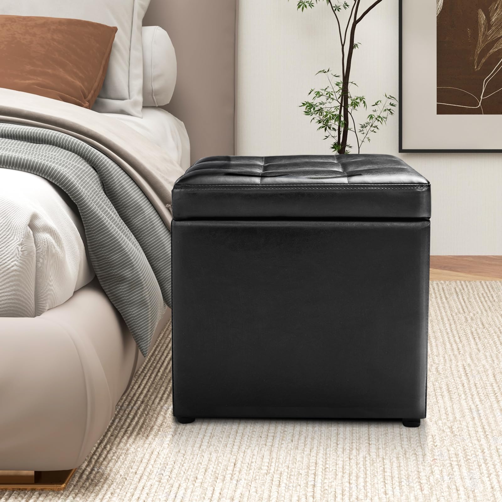 COSTWAY Sitzhocker mit Stauraum, Sitzwürfel aus PU, Sitzbox belastbar bis 300kg, Polsterhocker mit Deckel, gepolsterte Sitztruhe Fußhocker Aufbewahrungsbox, 40 x 40 x 40 cm (Schwarz)
