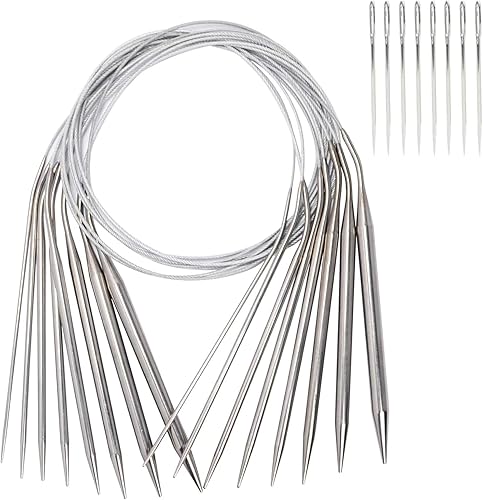 Juego de agujas de tejer de acero inoxidable, agujas de tejer circulares para principiantes, 11 piezas de 25.5 pulgadas, agujas de tejer redondas de