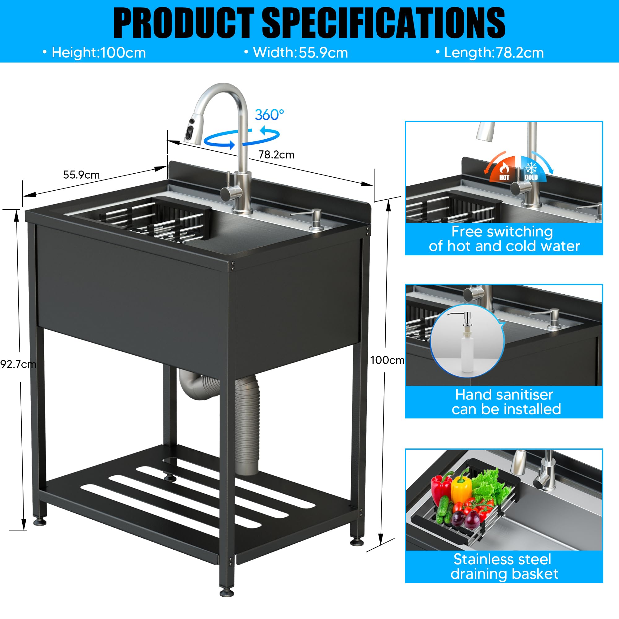 Évier de Cuisine Professionnel en Inox 78x56x100cm - Autoportant avec Robinet et Accessoires pour Intérieur et Extérieur - Pour Cuisine, Restaurant, Garage, Jardin