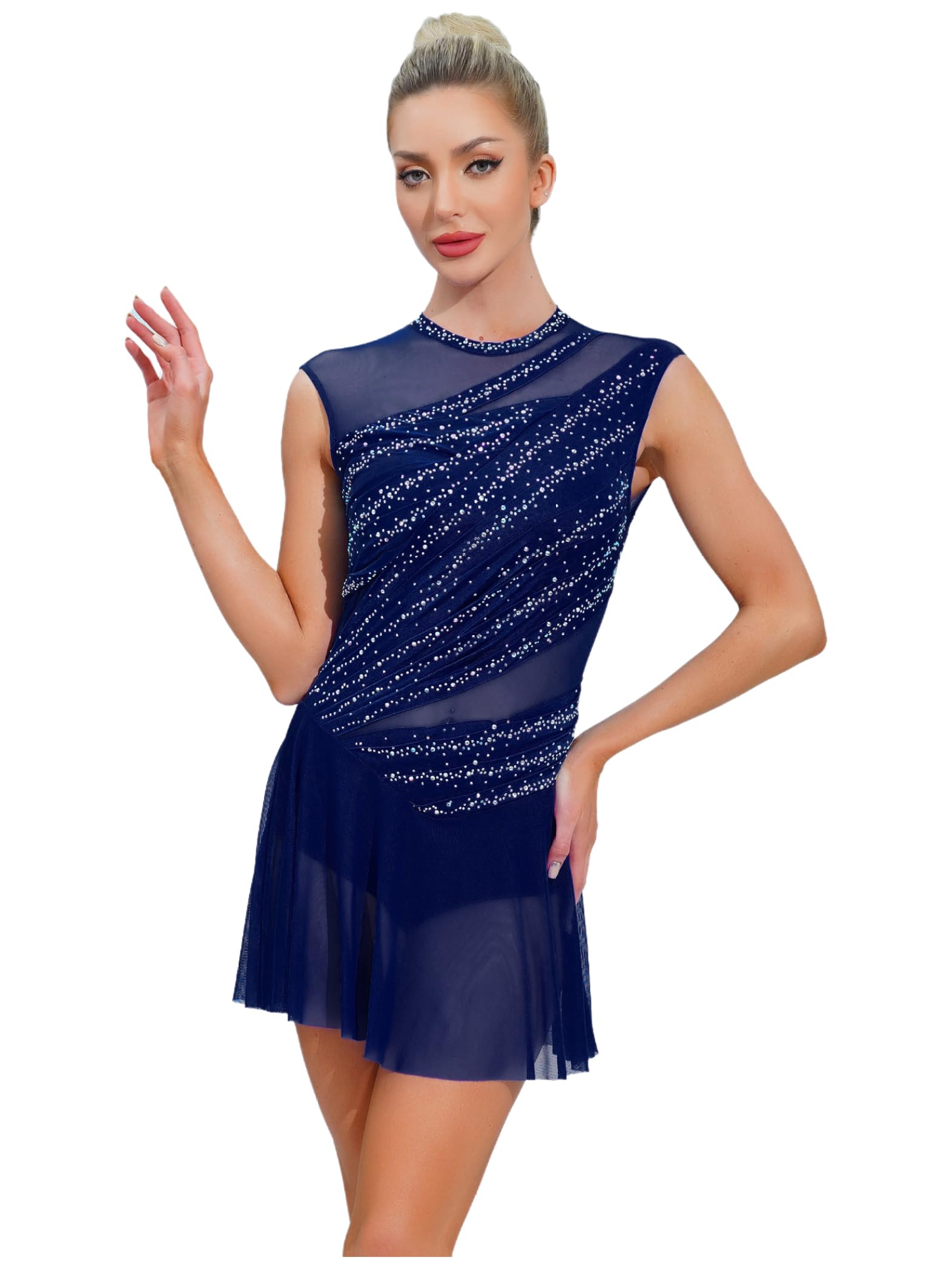 Femme Robe Patinage Artistique Strass Justaucorps Gymnastique sans Manches Leotard Danse Tenue Spectacle Costume Compétition