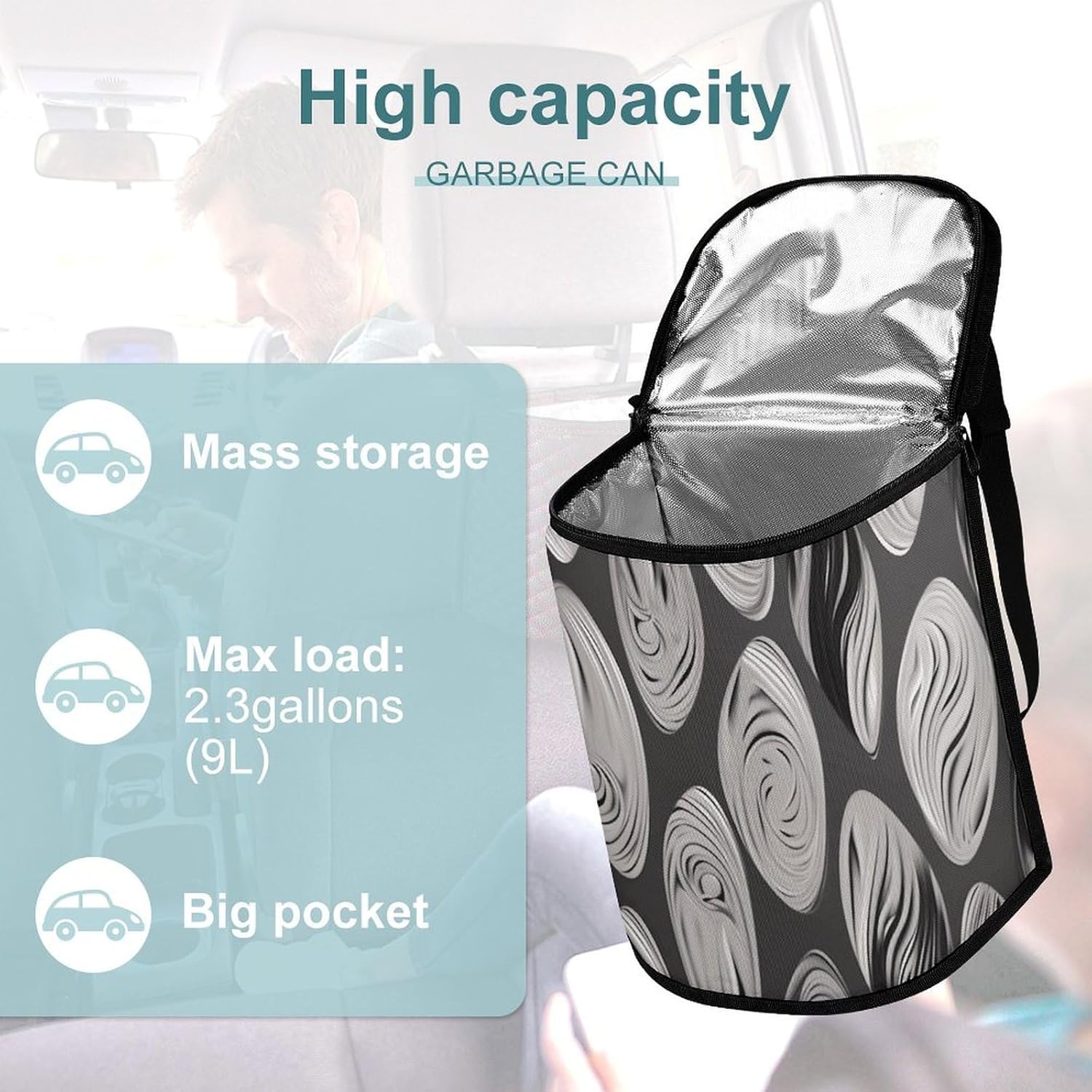 Hanging Car Trash Bag Abstract Black Silver Printed Car Garbage Storage Bag Leakproof Car Trash Can Portable Garbage Storage Bags