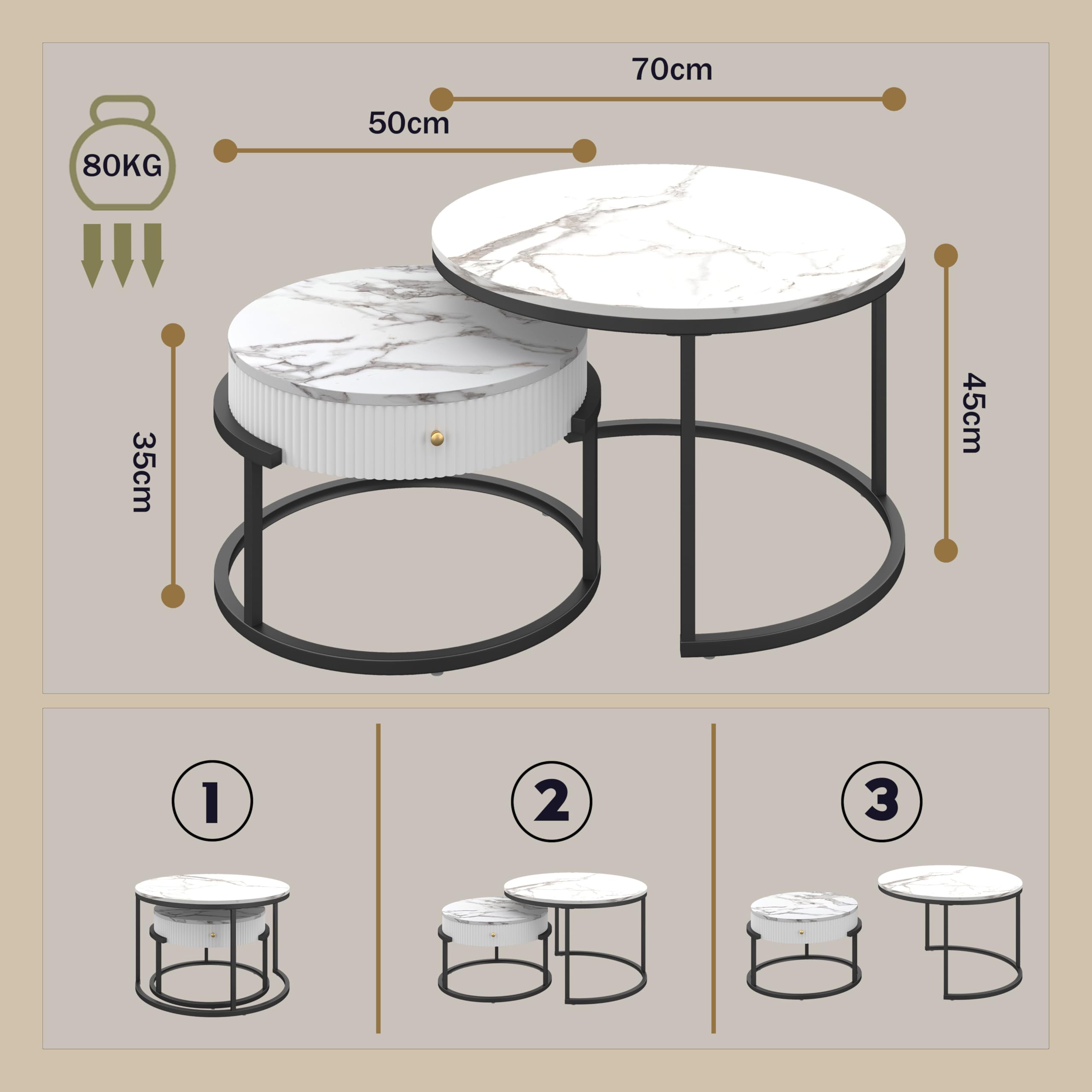 Tavolino da Divano, Tavolino Salotto Moderno Rotondo a cornice nera set di 2 pezzi, Tavolo Bianco con effetto marmo e cassetto