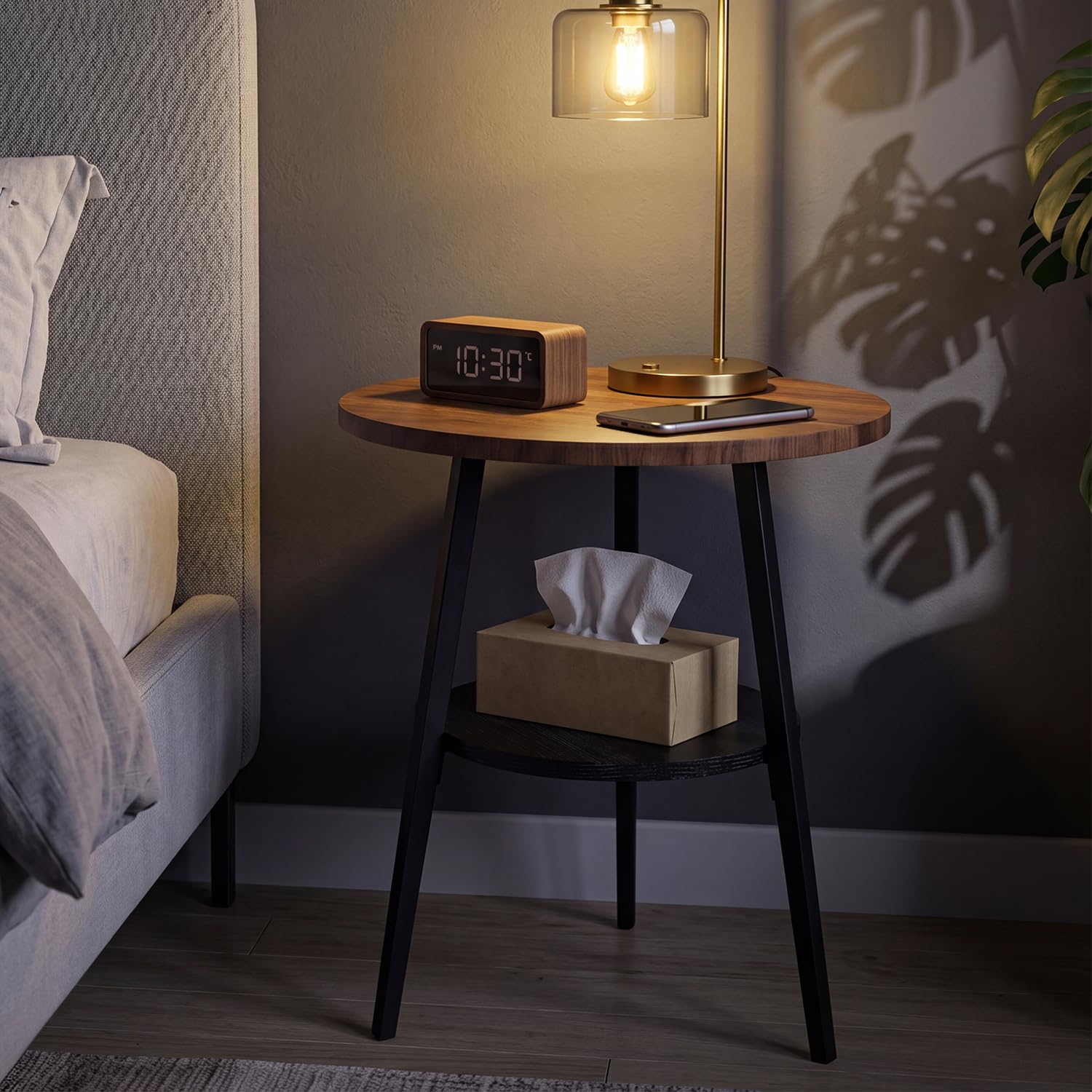 Beistelltisch Rund, Couchtisch Klein mit 2 Etagen, Runder Holz Beistelltisch im Vintage Stil, Nussbaumoptik für Wohnzimmer & Schlafzimmer