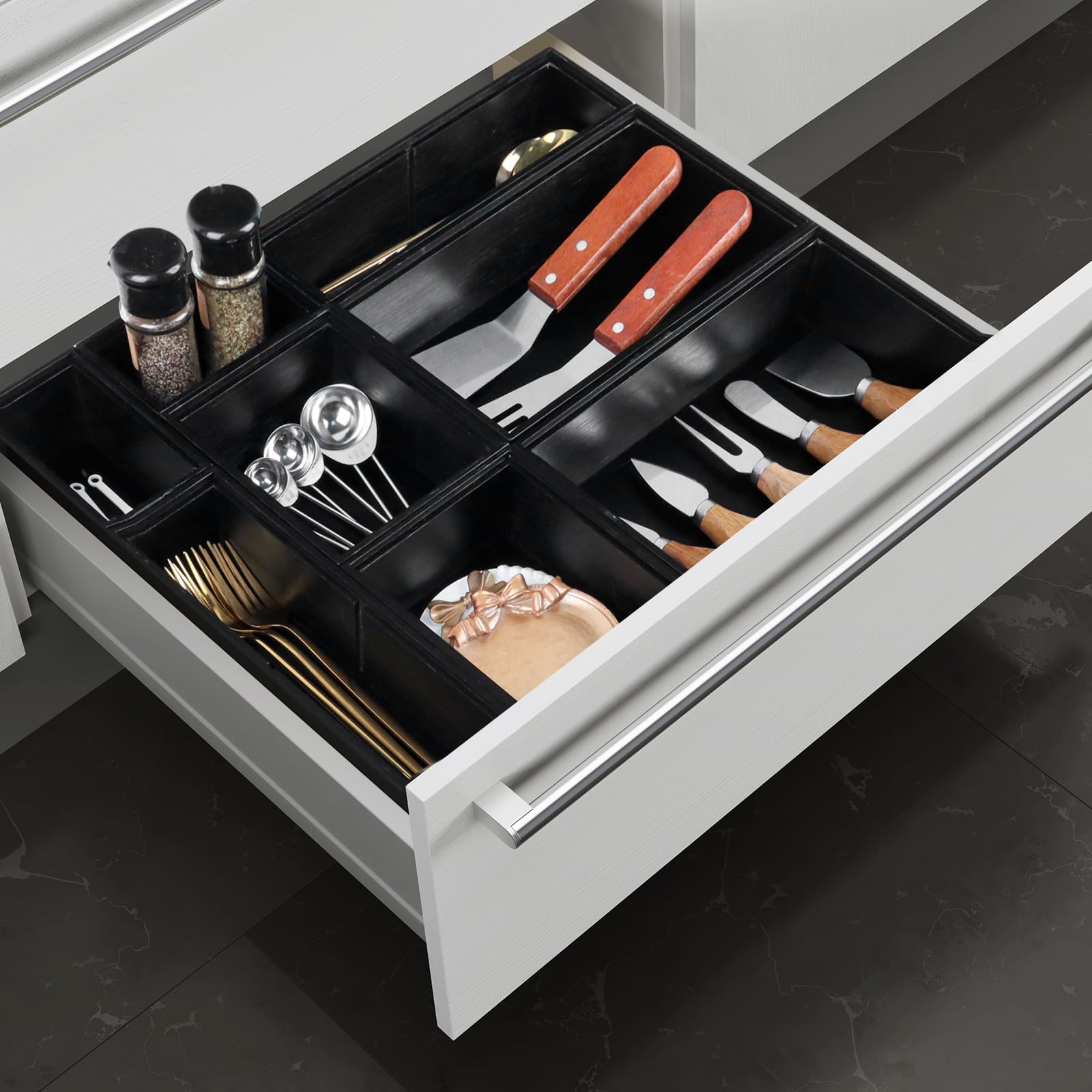 Juego de organizador de cajones de bambú, 8 cajas de almacenamiento de cajones de madera multiusos, cubos divisores organizadores de cajones de basura para cocina, baño, escritorio de oficina, 5