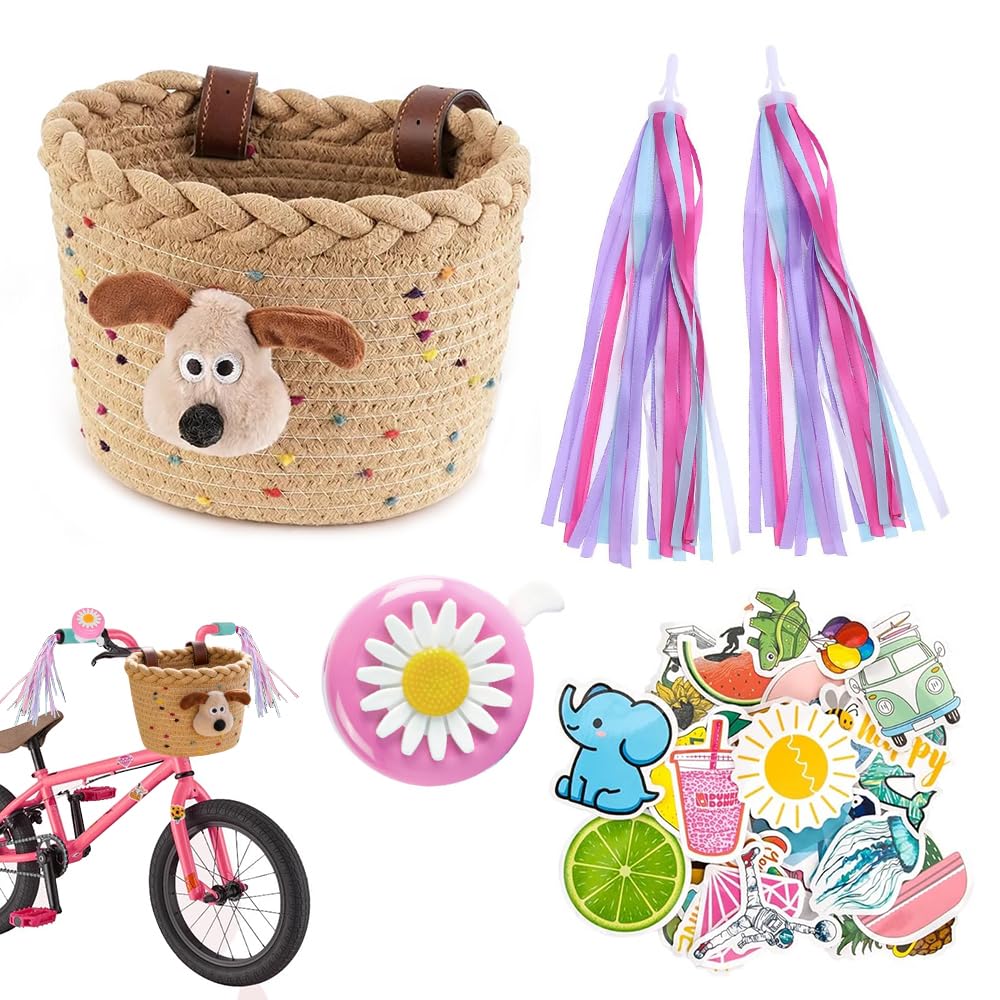 RNPKZ Kids Bike Basket, Cotton Rope Woven Front Bike Basket, Bicycle Basket, Bike Decoration Accessories Kit with Cute Sticker, Bike Tassels and Bike Bell for Boys Girls Scooter Bicycle(Brown, Dog)