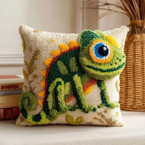 WallustrioaW Latch Hook Kit Cushion Lizard 43Cmx43Cm Latch Hook Kit DIY Pillow Materials Package Hooks Knitted Embroidered Carpet Pillow Embroidery