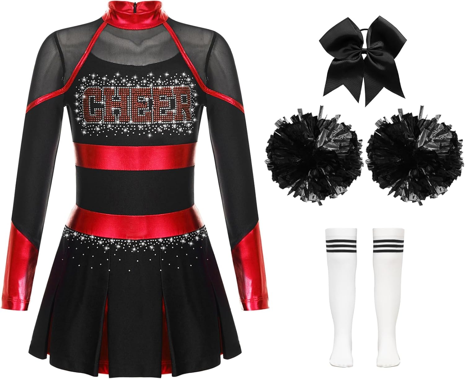 HBSFBH Vestito cheerleader bambino, Cheerleader Costume Bambina, con pompon, calze, forcina per capelli e adesivi, Bambini Cheerleading Outfit con Pompon e Calzini, per carnevale, feste a tema