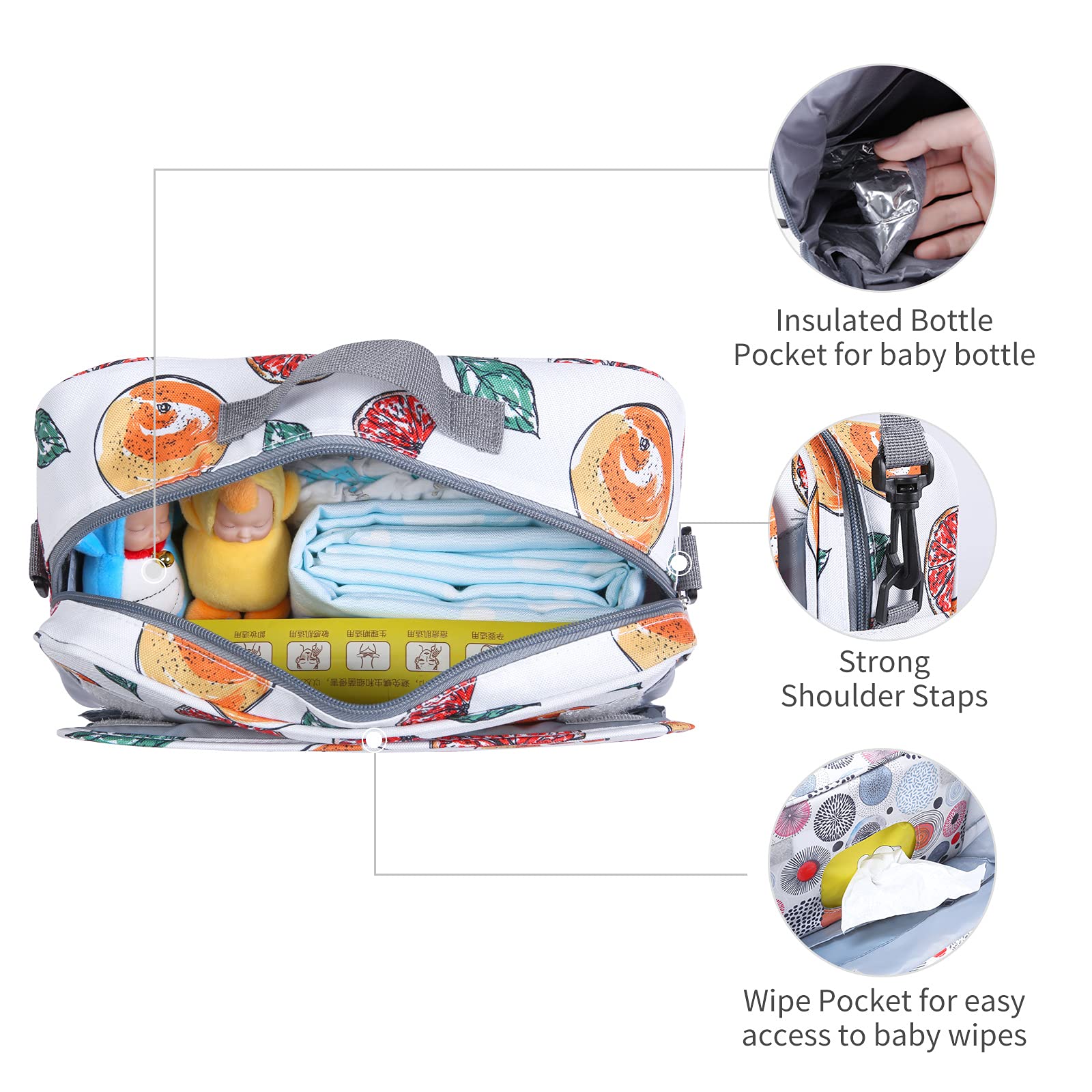 Borsa organizer per passeggino antiscivolo con tasca isolata, ganci per passeggino e cinghia regolabile, universale, adatta alla maggior parte dei passeggini, frutta