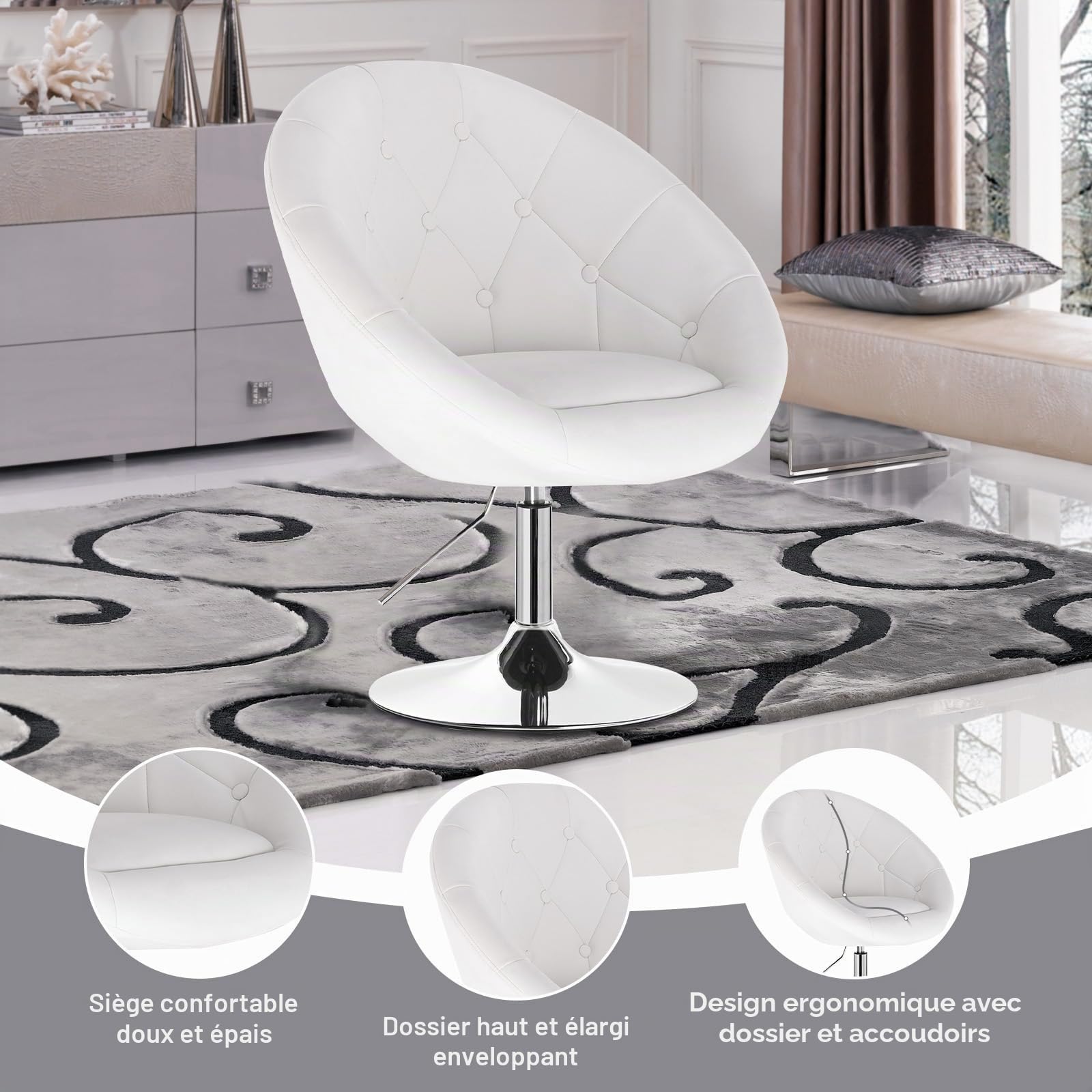 WOLTU Chaise Coiffeuse, Tabouret Bar avec Dossier, en PU, Blanc
