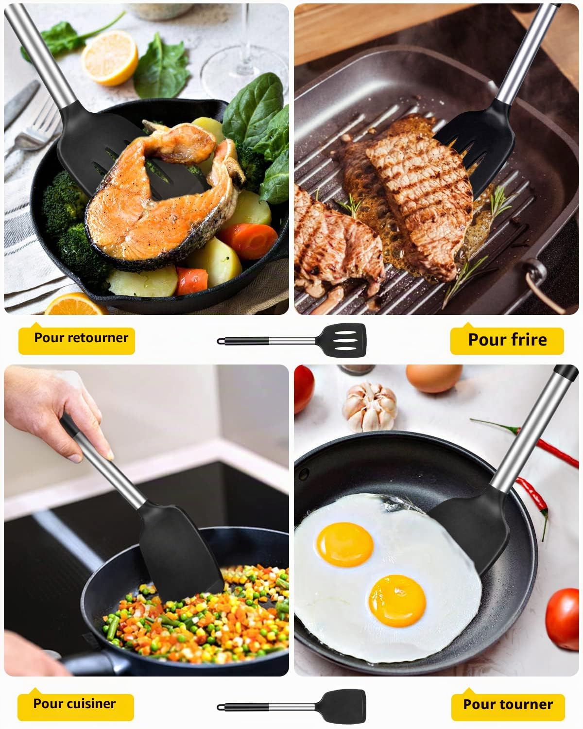 Lot de 2 spatules en silicone solides, spatules de cuisine fendues antiadhésives, ustensiles de cuisine sans BPA résistants à la chaleur élevée, ustensiles de cuisine
