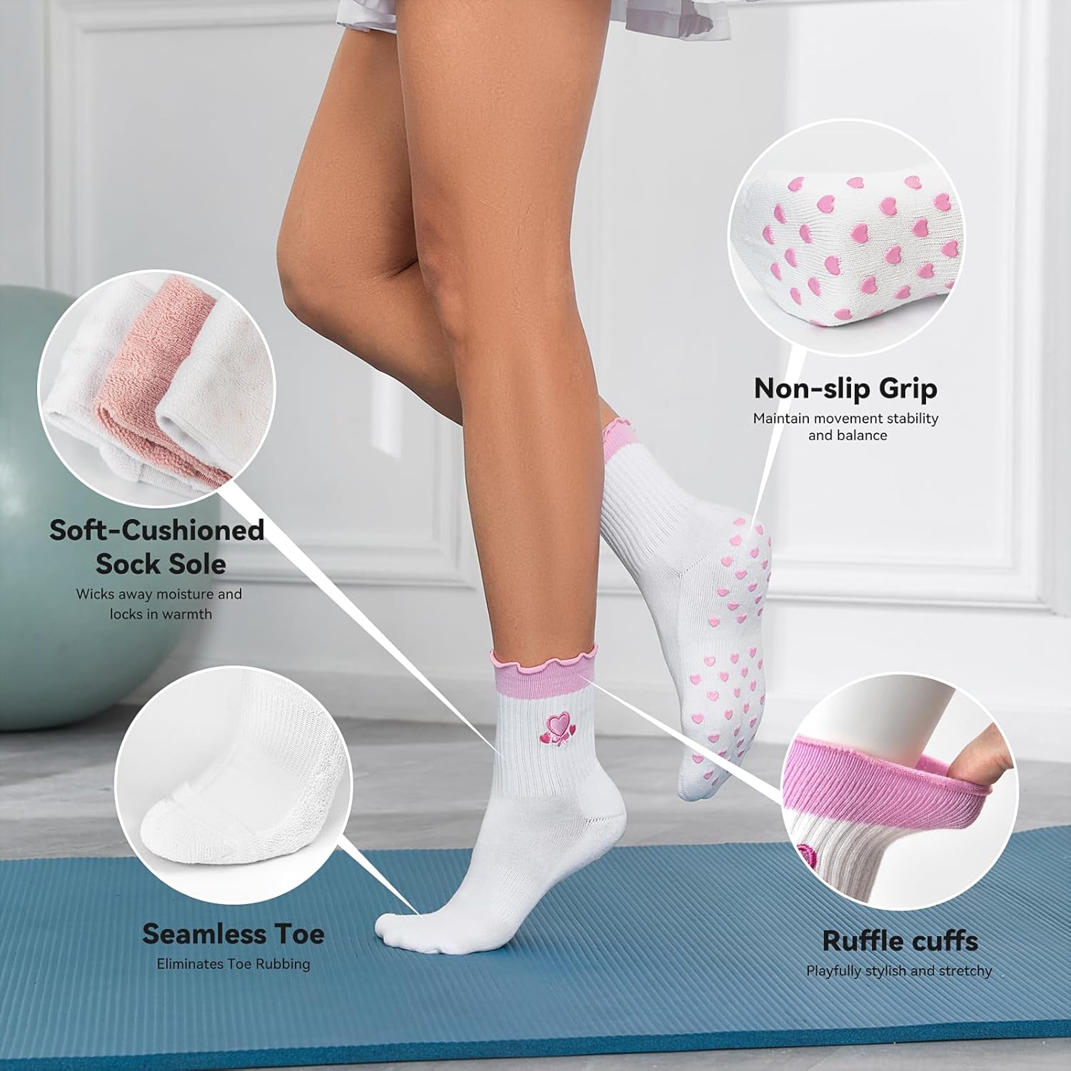 Cute Pilates Socks with Grips for Women Ruffle Cuff Embroidery Non Slip Yoga Socks for Workout, Barre, Pilates Gifts - Image 4