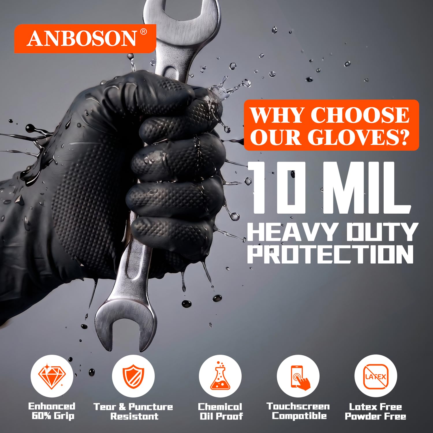 ANBOSON Guantes desechables de nitrilo negro de 10 mil, mecánicos, guantes de trabajo de seguridad, sin látex ni polvo, totalmente texturizados de diamante (negro, 100, XL)