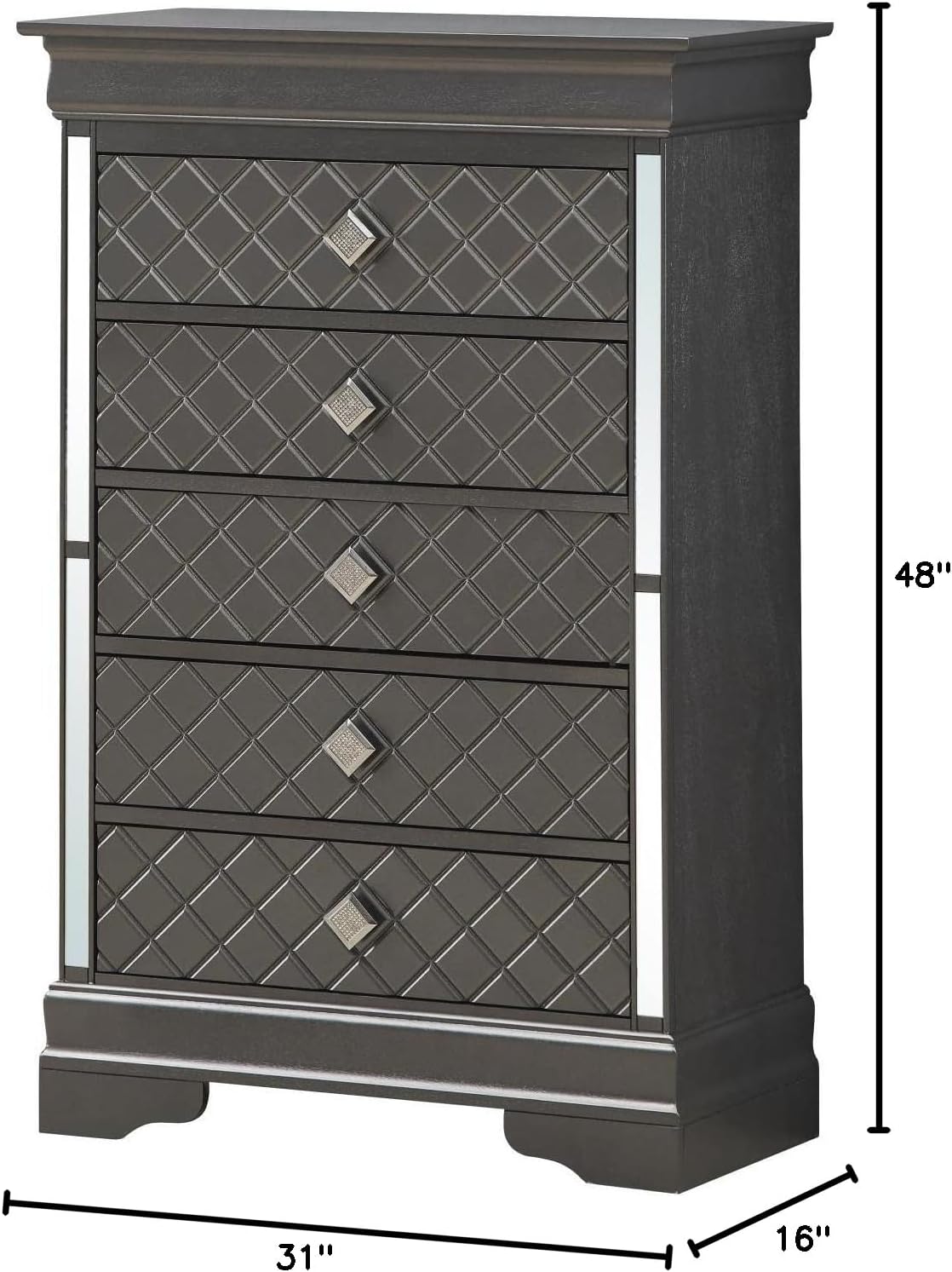 Diagram showing the dimensions of the Verona 5 Drawer Wood Chest: 16 inches deep, 31 inches wide, 48 inches high