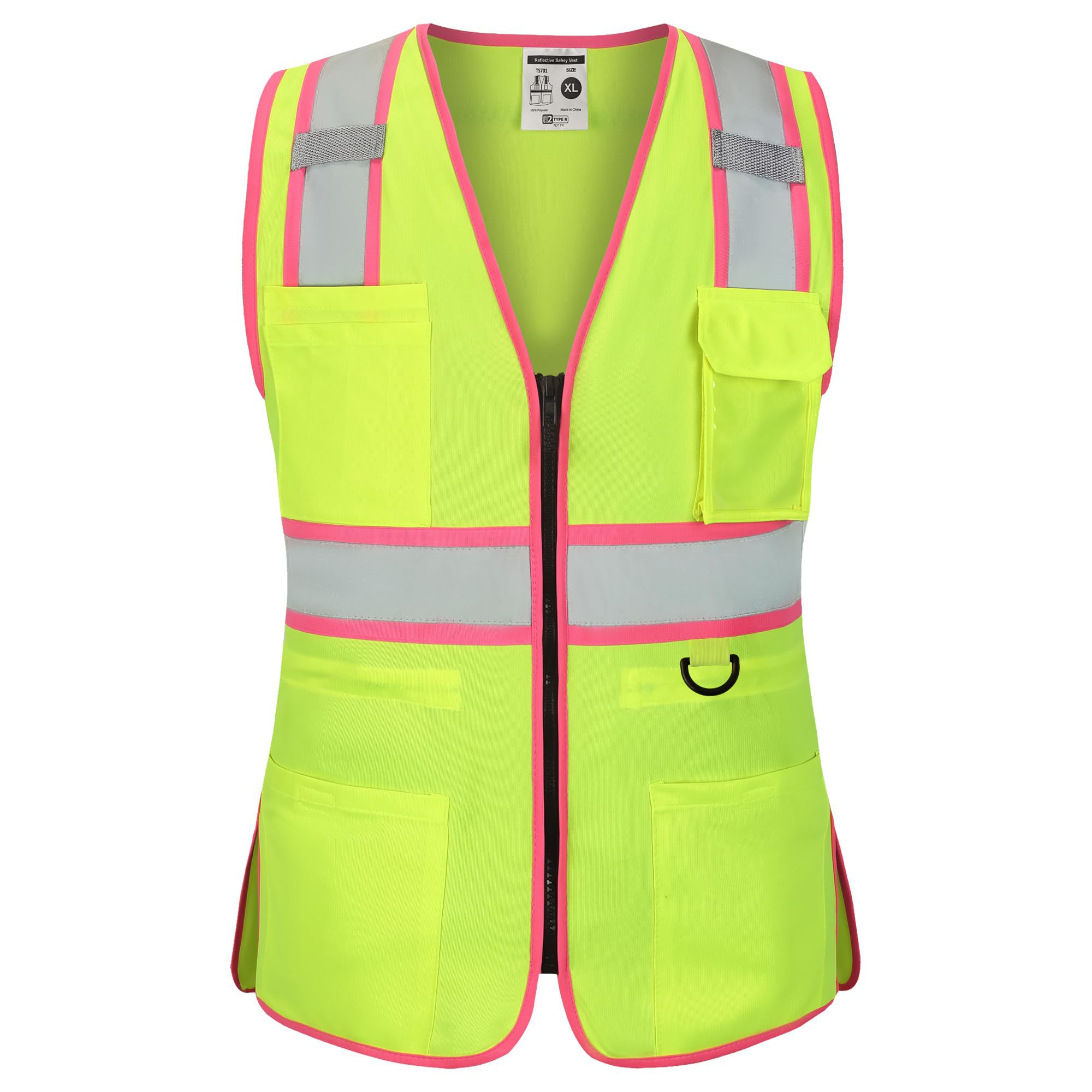FATONE Women's ANSI Class 2 High-Vis Safety Vest with Reflective Strips, Zipper Pockets & Adjustable Waist - Yellow/Pink Construction Work Vest for