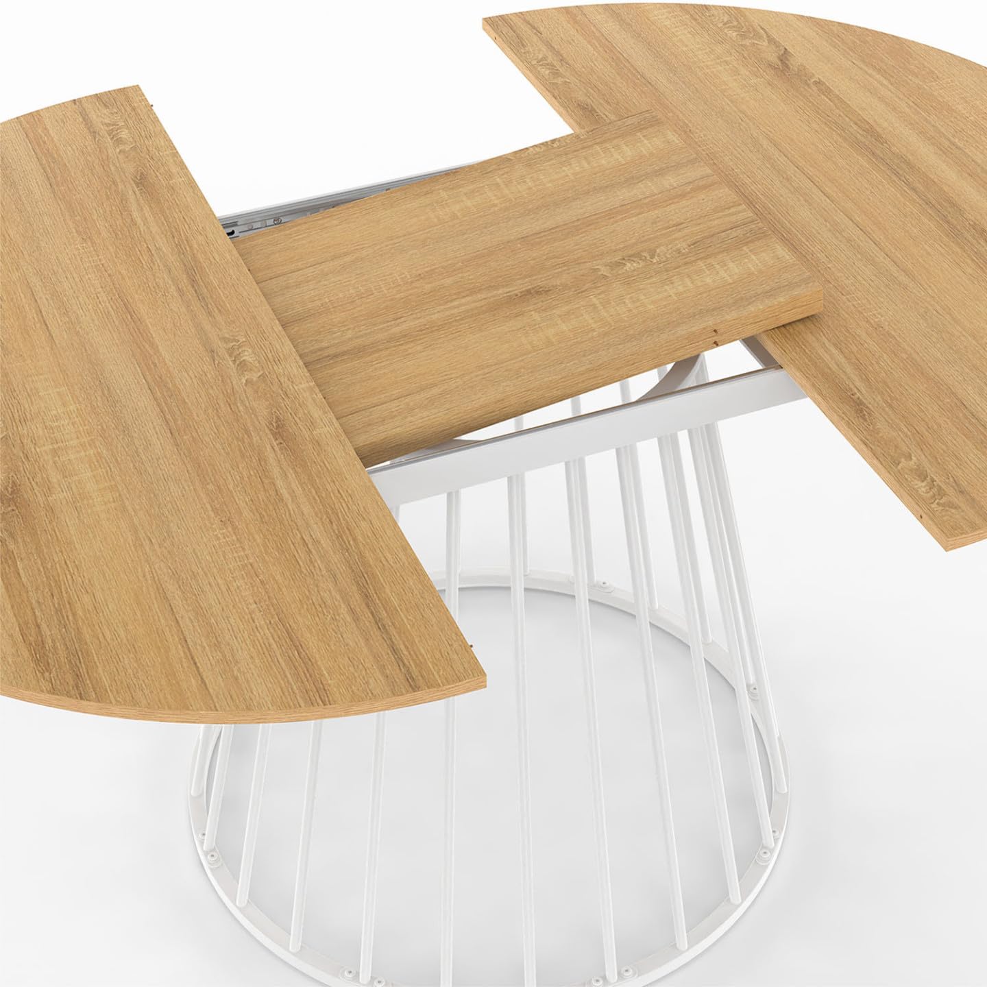 IDMarket Yuna – Mesa de comedor extensible redonda para 4-8 personas, bandeja de madera y pie con cable de metal, 110-150 cm, color blanco