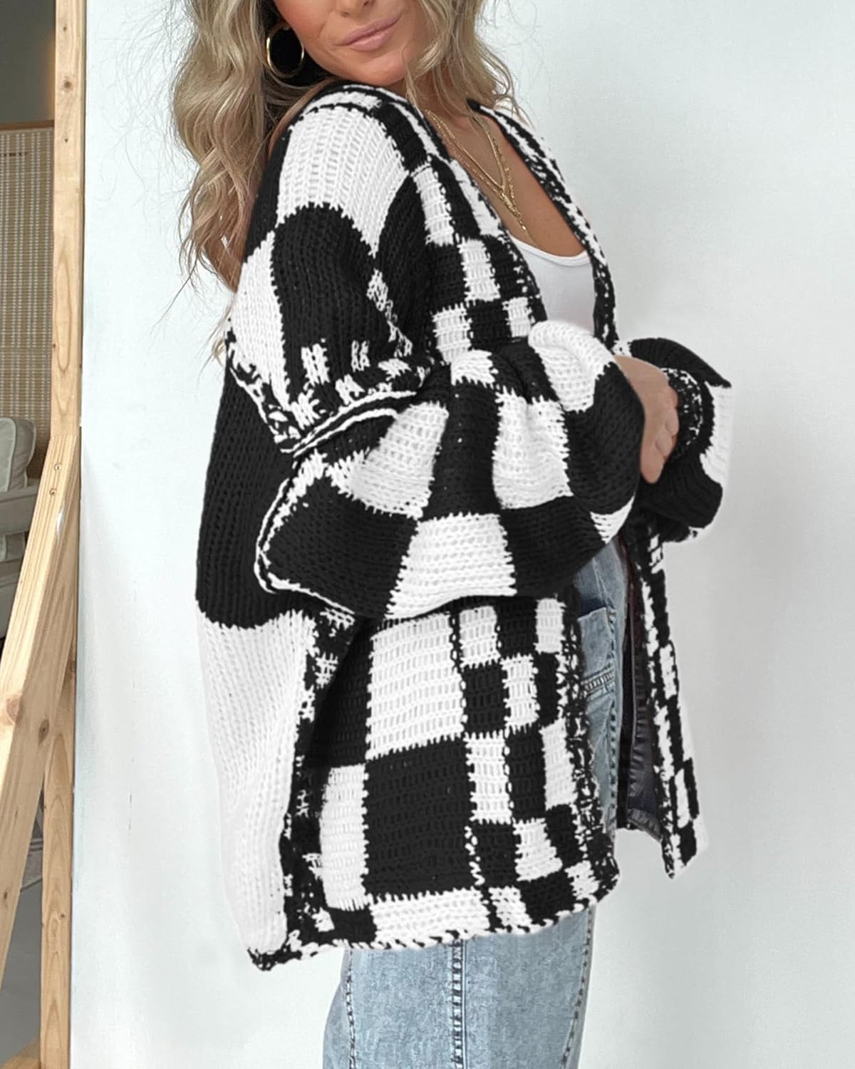 BTFBM Casual Cardigan Sweater for Women Fall 2026 Long Sleeve Open Front Chunky Knit Sweaters Checkered Outwear Coat - Image 5