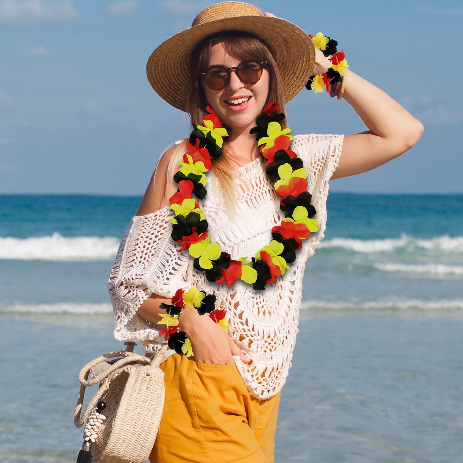 Simsky Lot de 20 Colliers de Fleurs pour Fans de l'Allemagne : 5 Chaînes Hawaïennes, 5 Bandeaux, 10 Bracelets en Noir, Rouge et Jaune