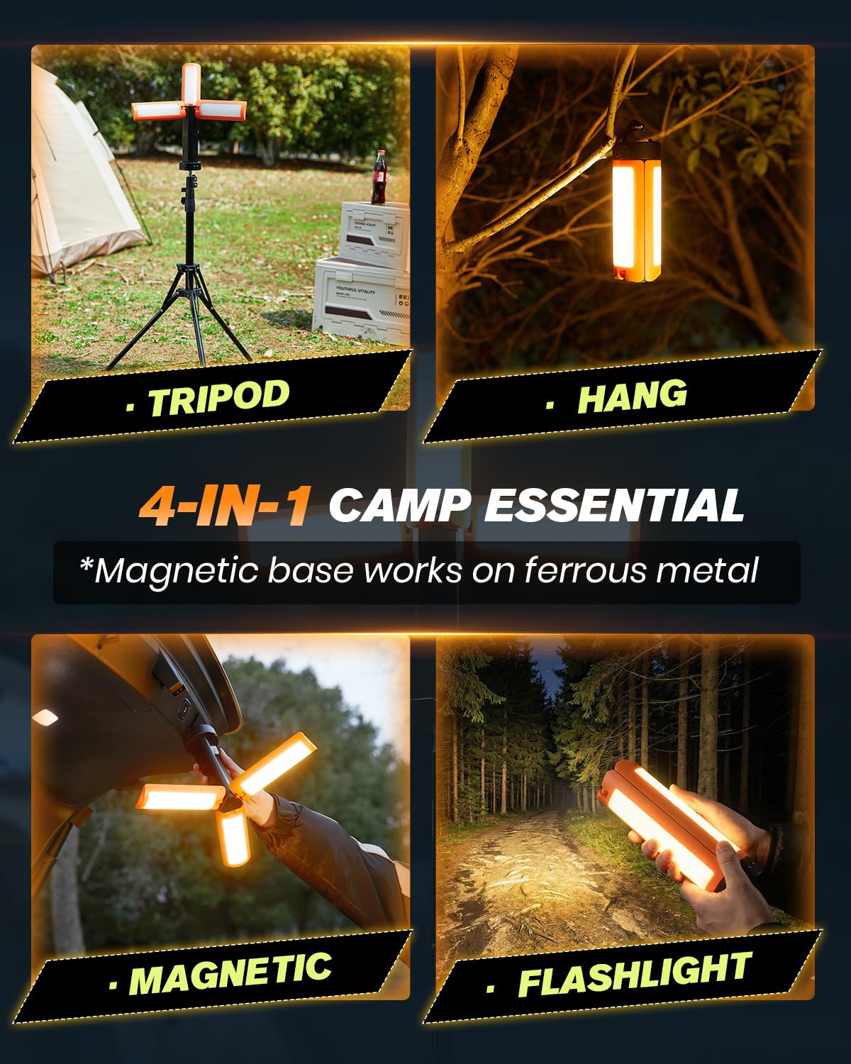 SakerNeo Wiederaufladbare Campingleuchte mit Ständer, 2000 Lumen, tragbare Campinglaterne, 3-blättrige verstellbare Köpfe, 180°/270°, 10400mAh Akku, 5 Helligkeitsstufen, Magnetfuß & Haken zum