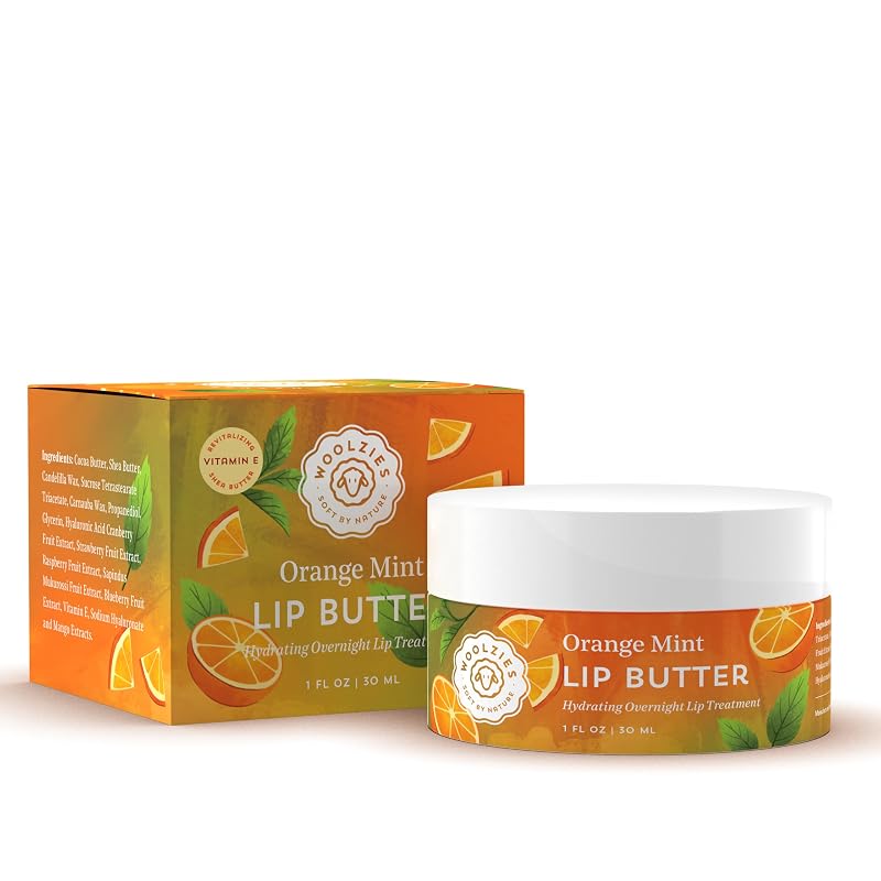 Máscara labial com ácido hialurônico Woolzies, manteigas e óleos naturais, fragrância Orange Mint, pote com aproximadamente 28 g