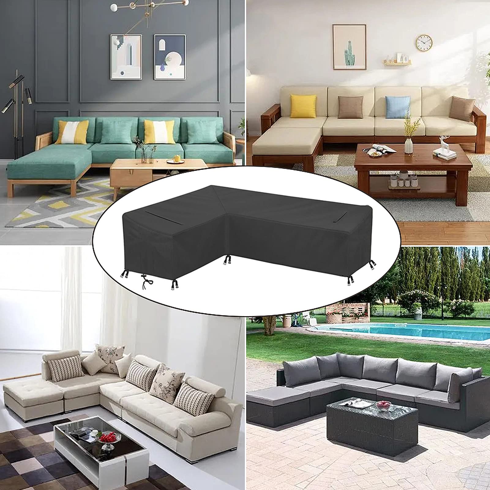 Coperture Per Divani Da Giardinoc, copertura mobili giardino,210×270×90CM 210D Poliestere Copertura di Panca Impermeabile Copridivano a forma di L Sinistra corta-destra lunga