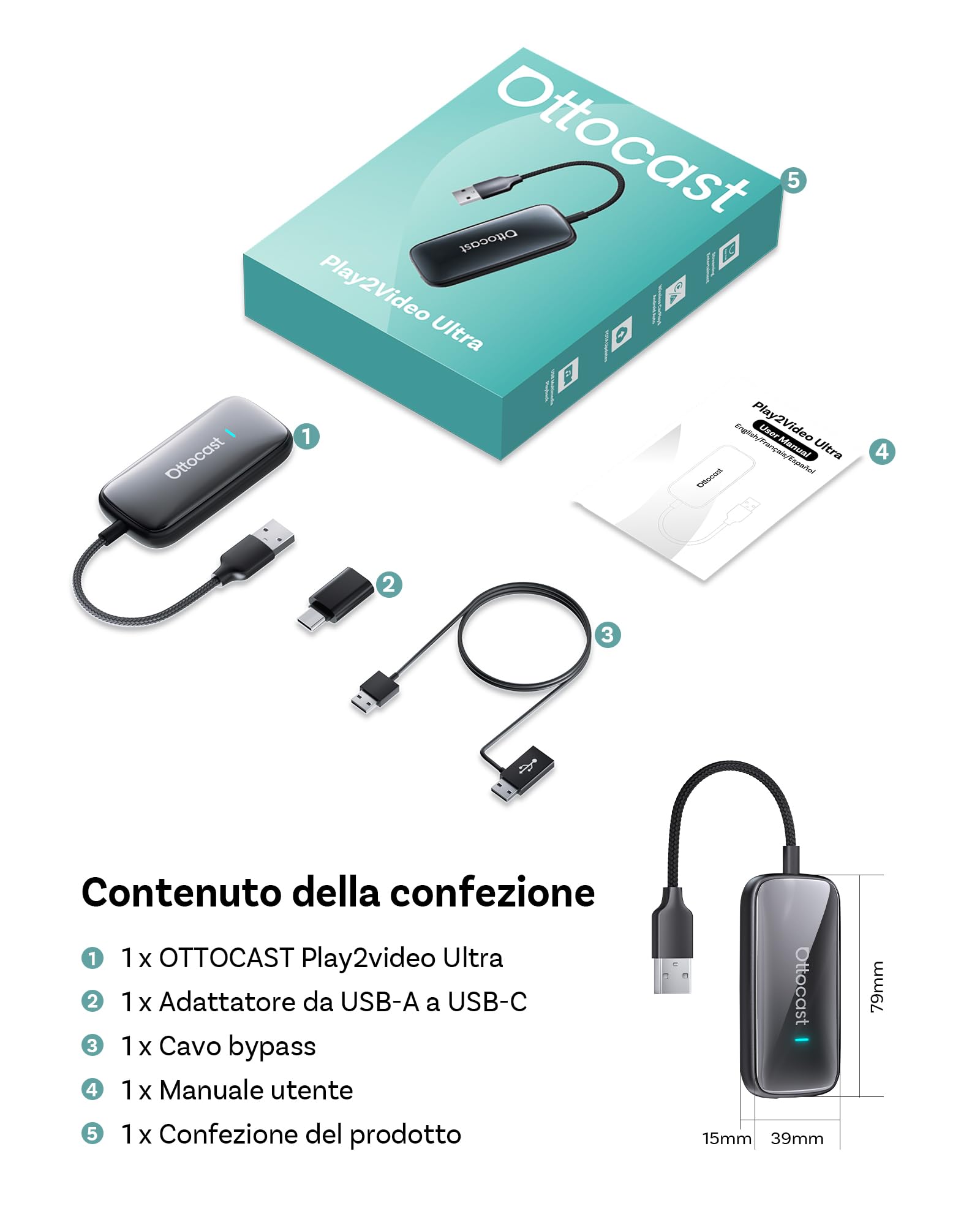 2026 Nuovo OTTOCAST Play2video Ultra, Adattatore CarPlay & Android Auto Wireless con YouTube Netflix, Plug & Play Chip 5G, WiFi6, 4GB+32GB Carplay AI Box per auto con CarPlay cablato dopo il 2016