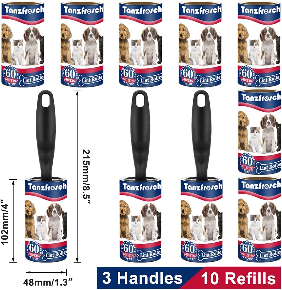 [Extra Sticky] 10 Pack Lint Rollers with 3 Handles for Pet Hair Extra Sticky（600 Sheets/10 Refills）, Lint Remover for Clothes, Furniture, Dog & Cat Hair Removal