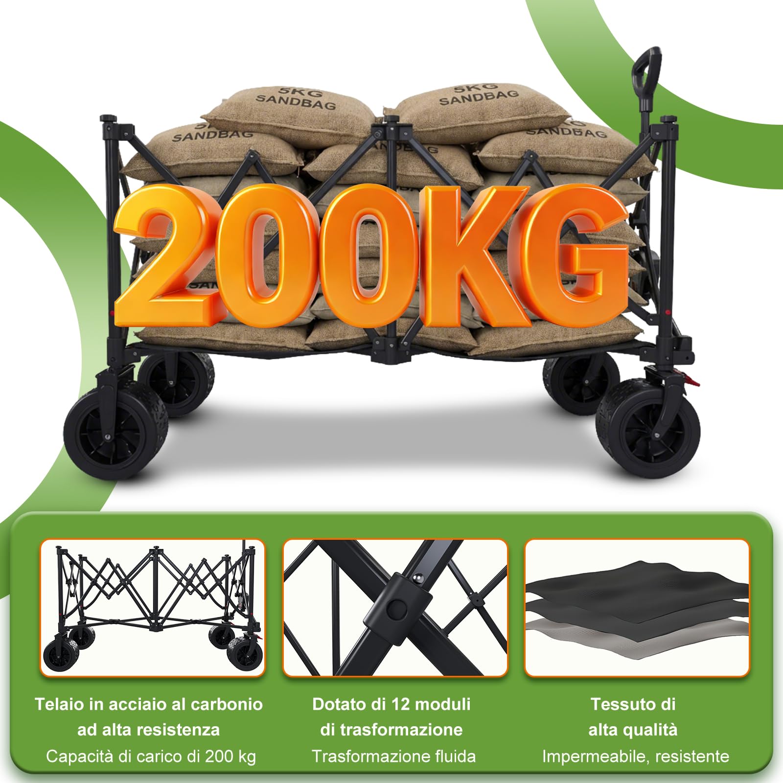Devoko 260L carrello spiaggia 200kg carrello con ruote portatutto grandi,carrellos pieghevole Con Braccioli Regolabili e Tasche Laterali per Giardino Campeggio all'aperto Ogni Tipo di Terreno, Nero