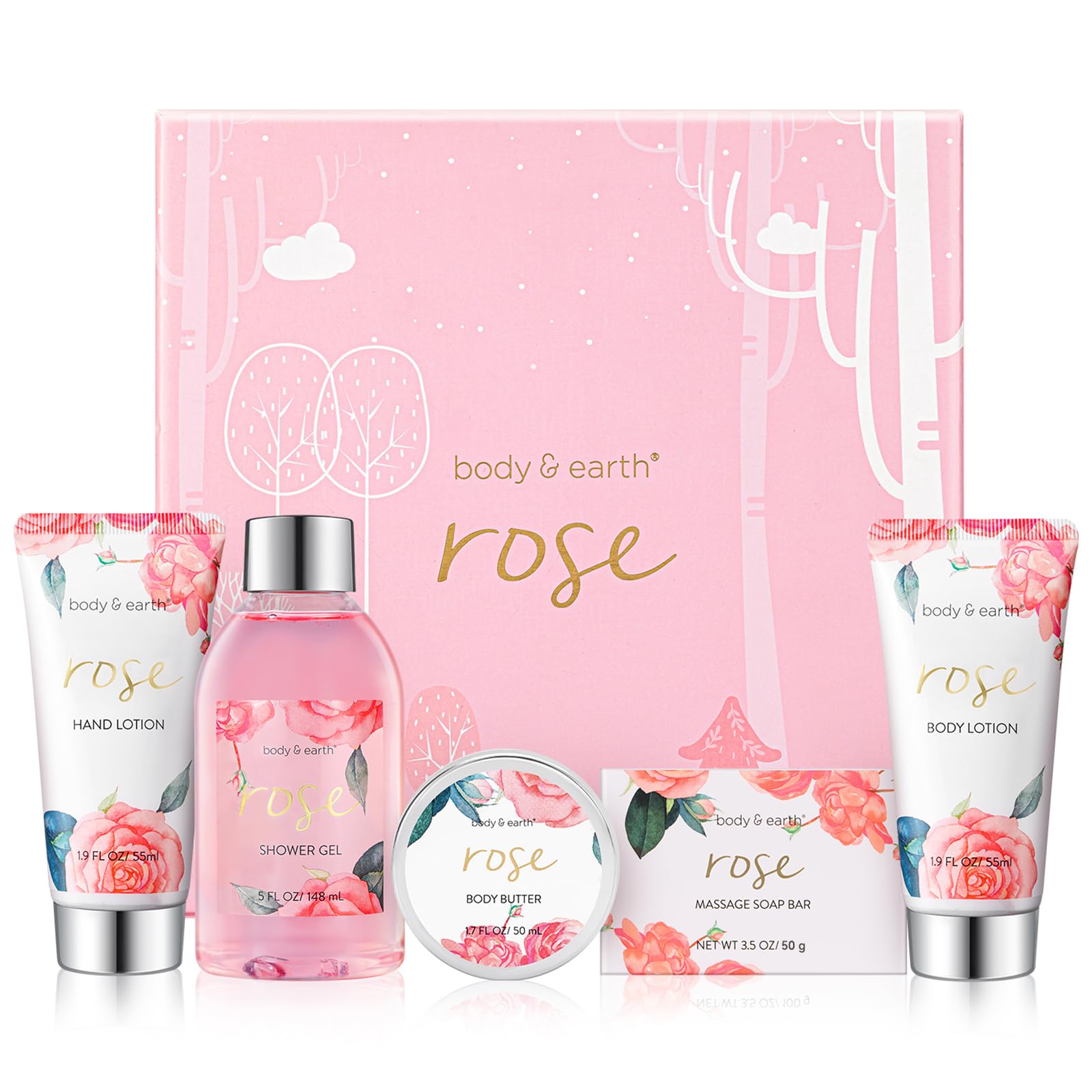 BODY & EARTH Confezione Regalo per Donne, 5 Pezzi, Rosa, gel Doccia, Burro per il Corpo, Crema per Le mani, Lozione per il Corpo, Regalo di Compleanno, Fidanzata, San Valentino per lei