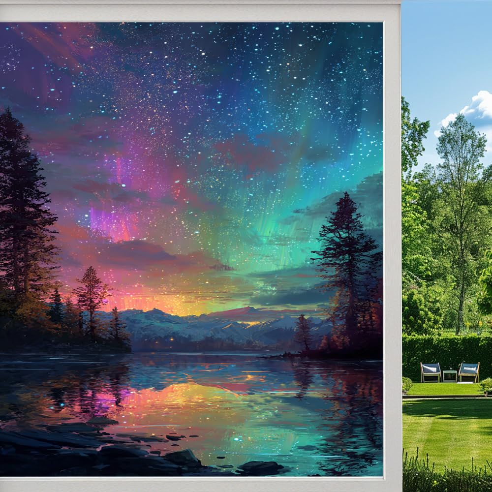 Pmlbaous Fantasy Aurora Borealis Frosted Window Film, Mountain Lake Pine Trees Stained Glass Privacy Film, Heat Insulation Self-Adhesive Vinyl For Bathroom Office, （90X160cm）