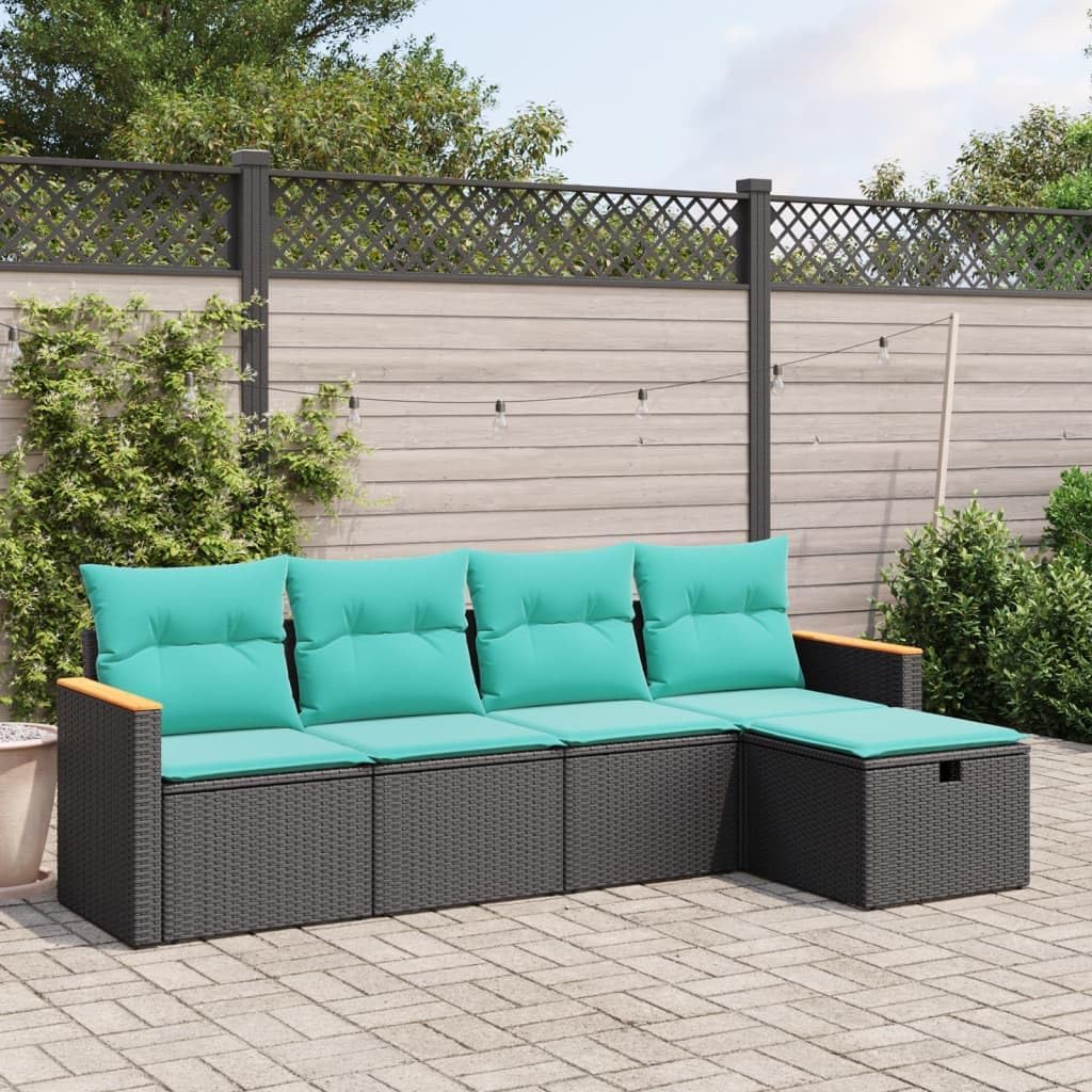 vidaXL 5 Piece Patio Sofa Set Outdoor Furniture – Black PE Rattan with Cushions