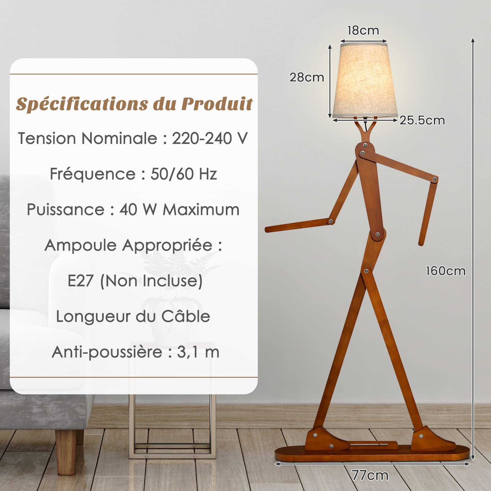 COSTWAY Lampadaire Bois de Caoutchouc Humanoïde Créatif, Lampadaire sur Pied Articulations Réglables, Abat-jour en Tissu Changeable et Interrupteur au Pied pour Salon Chambre à Coucher