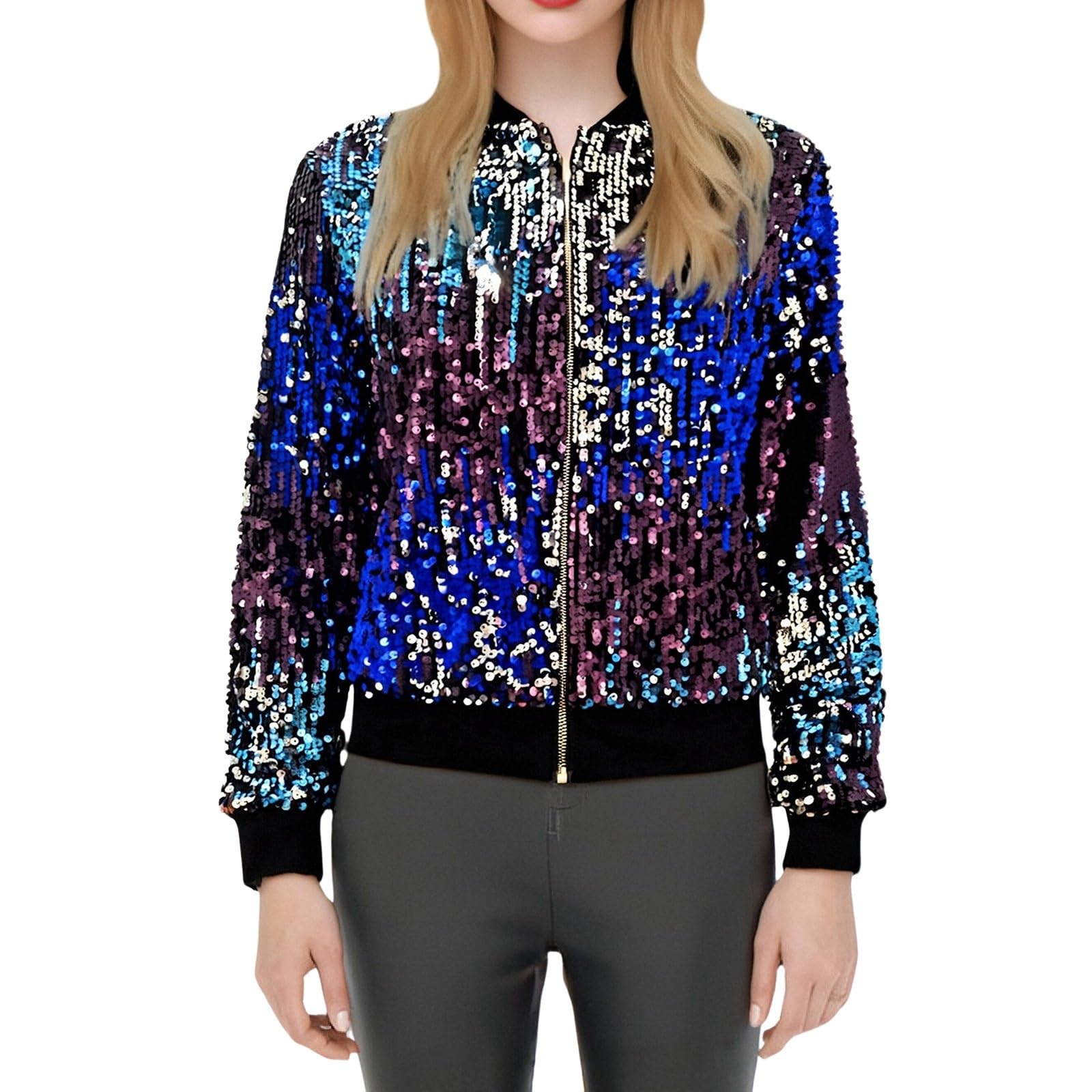 Womens Sequin Jacket Casual Long Sleeve Front Zip Sequin Jackets for Women Shiny Glitter Party Coat with Pockets